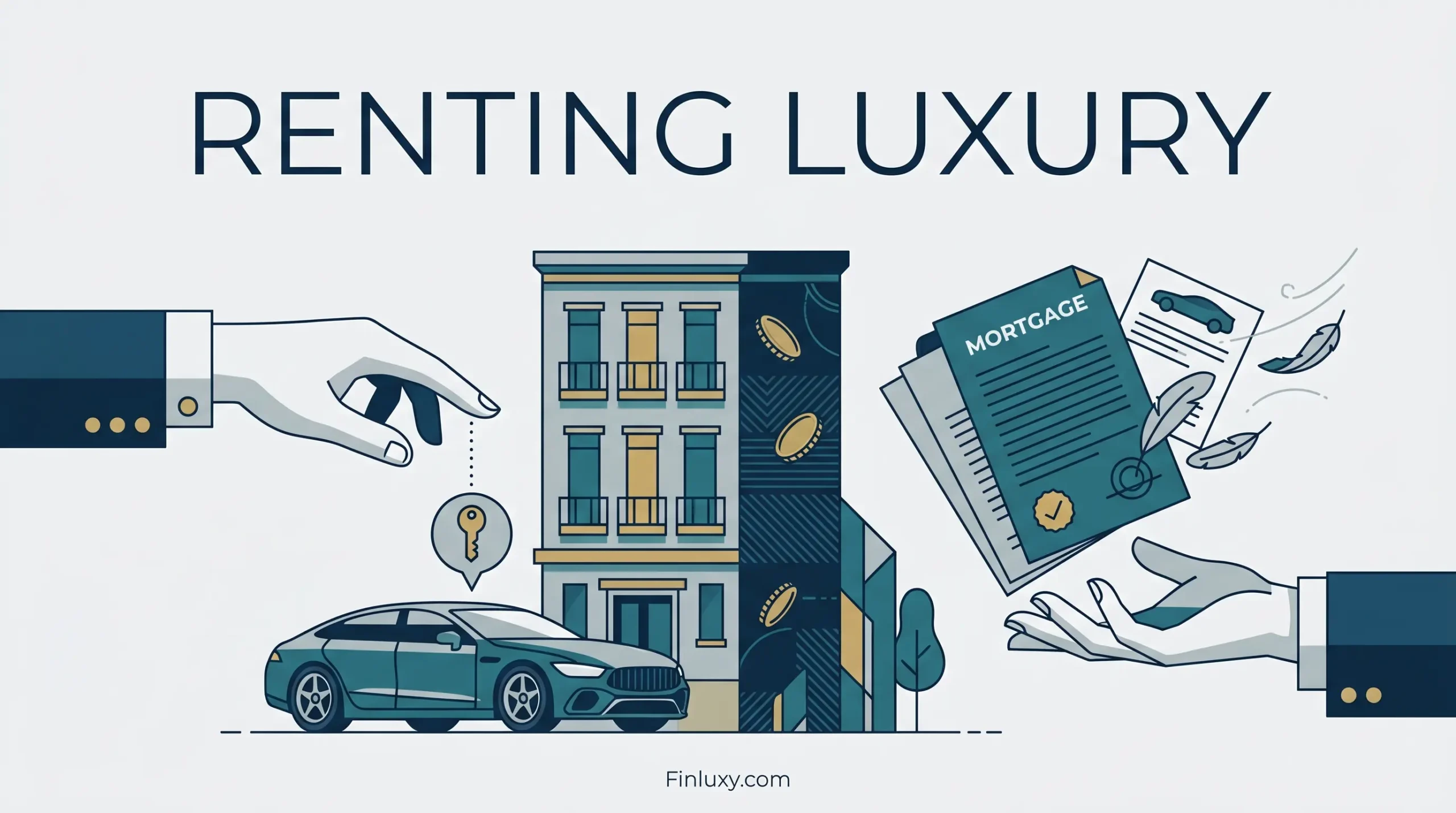 Geometric vector illustration for a finance blog titled "Renting Luxury," showing a modern building, premium car, and mortgage documents.