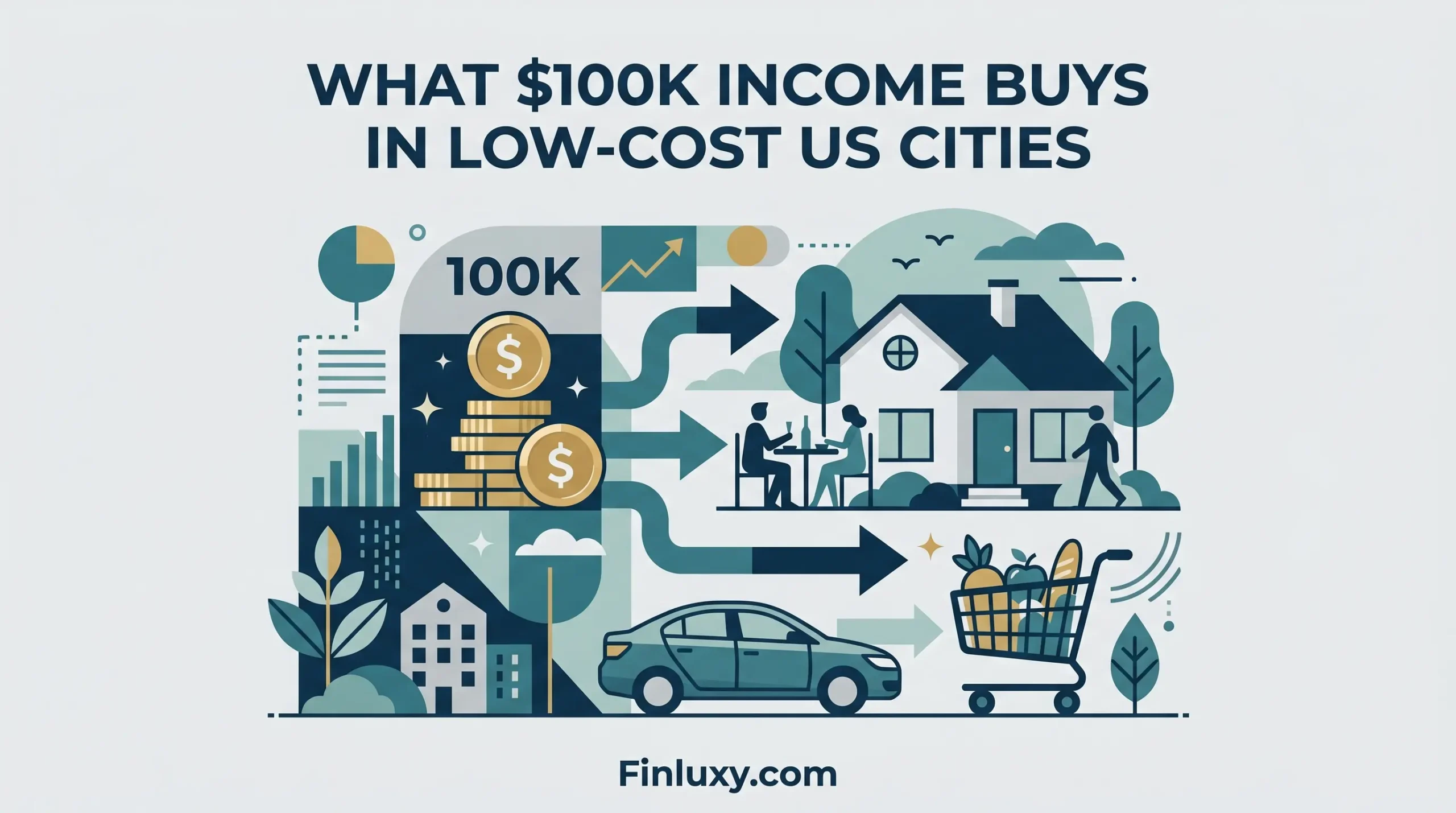 Geometric vector illustration depicting purchasing power, showing a house, car, and groceries, titled "What $100k Income Buys in Low-Cost US Cities".