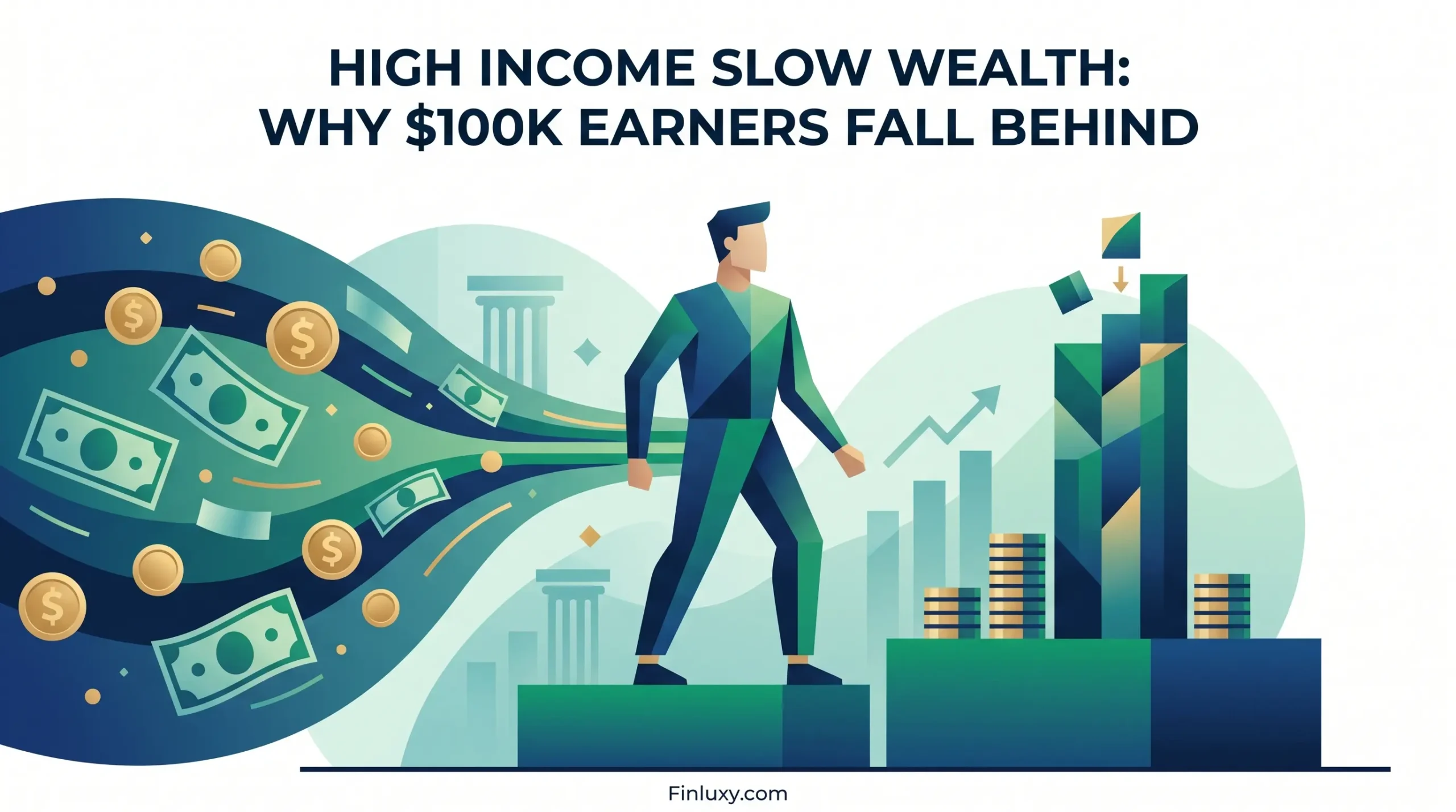 Geometric illustration of a figure standing between a large influx of money and slowly building financial blocks.