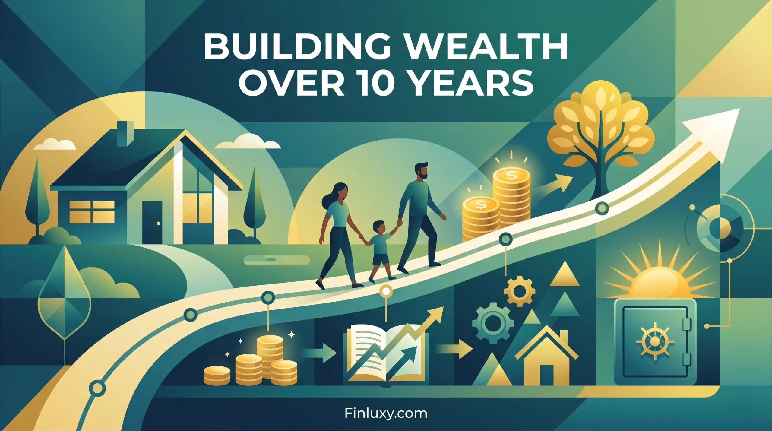 A geometric vector illustration shows a stylized family walking up an arrow path, representing wealth growth over time, with a house and safe in the background. Finluxy.com is at the bottom.
