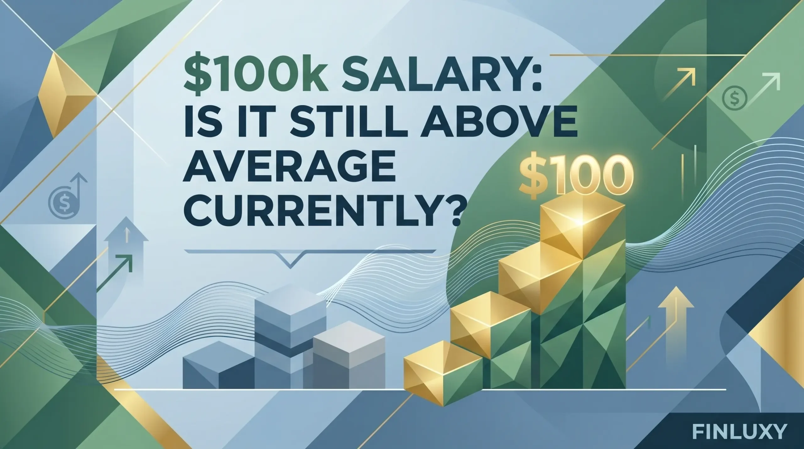 Minimalist geometric illustration featuring the headline "$100k Salary: Is It Still Above Average Currently?" with green and gold rising blocks.