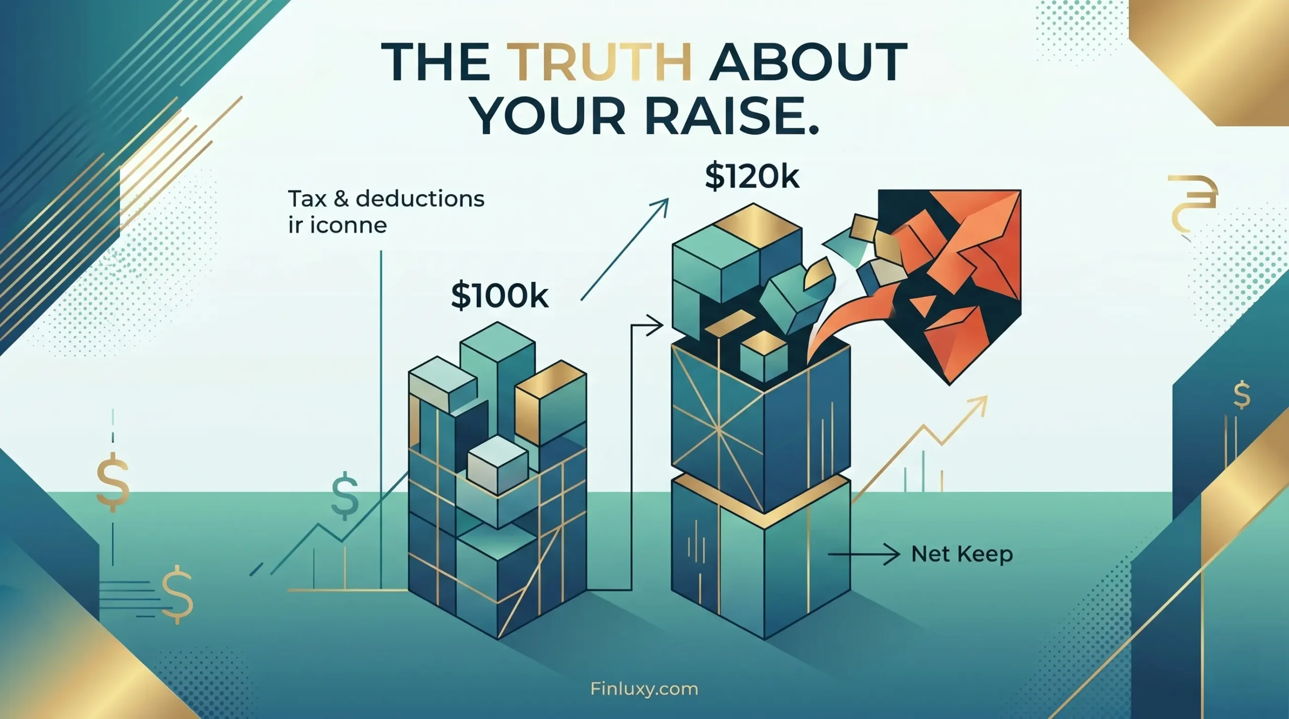 Geometric vector illustration contrasting $100k and $120k income stacks to show the impact of deductions.