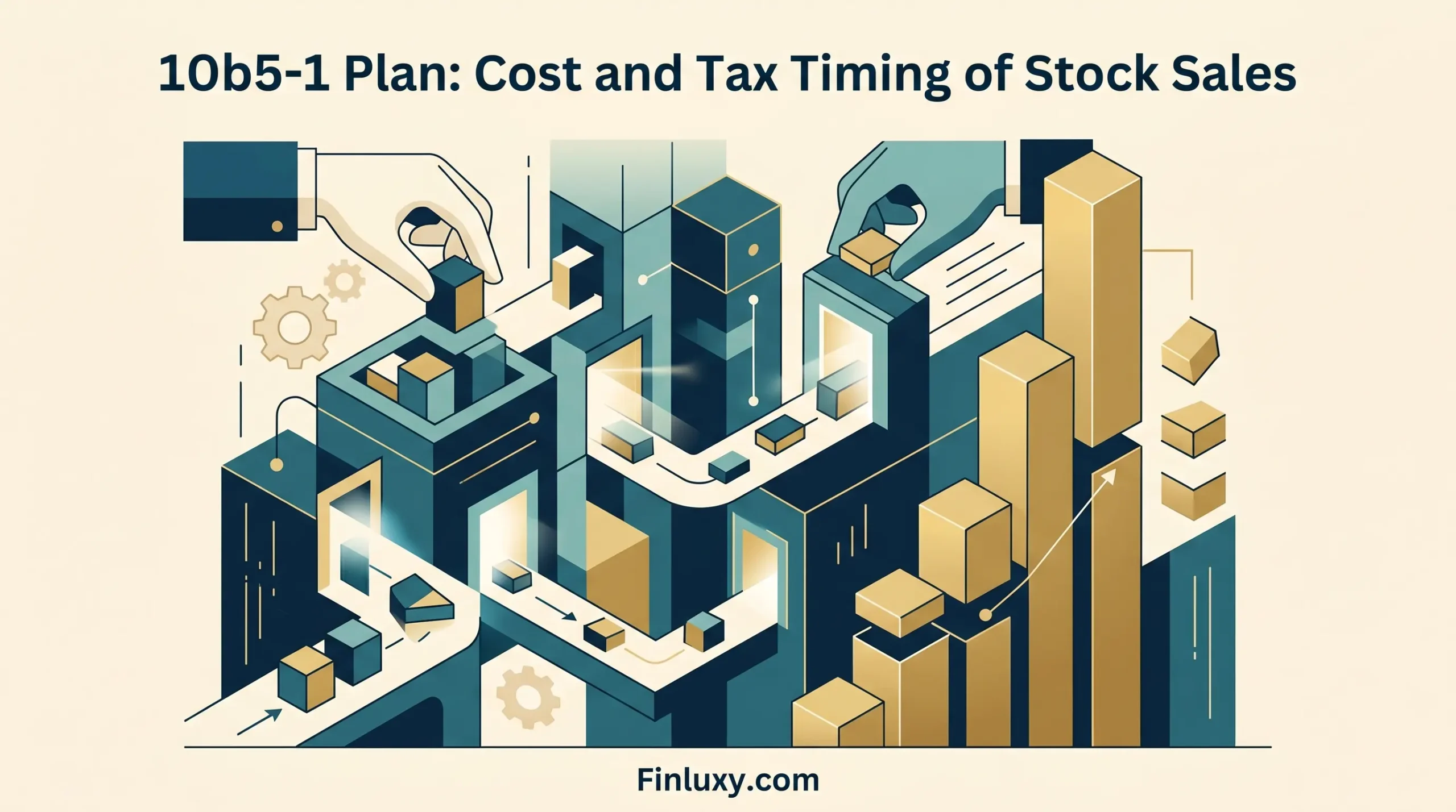 Geometric illustration showing an automated system of blocks, hands, and gears representing a 10b5-1 stock sale plan and its timing.