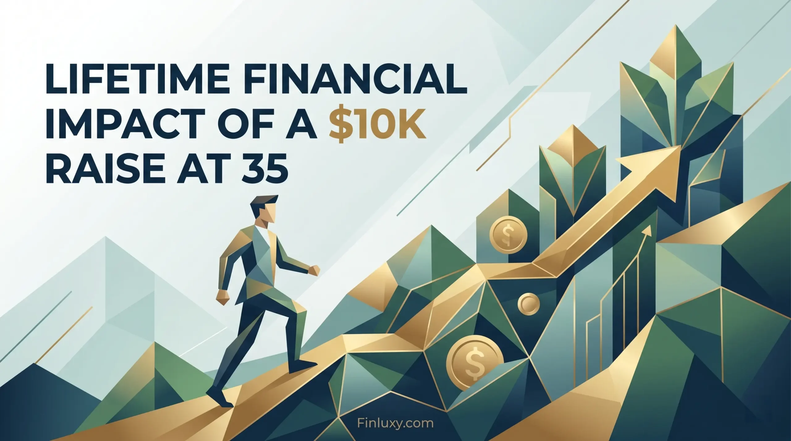 A geometric vector illustration for Finluxy showing a person in a suit climbing an ascending golden arrow representing growth.
