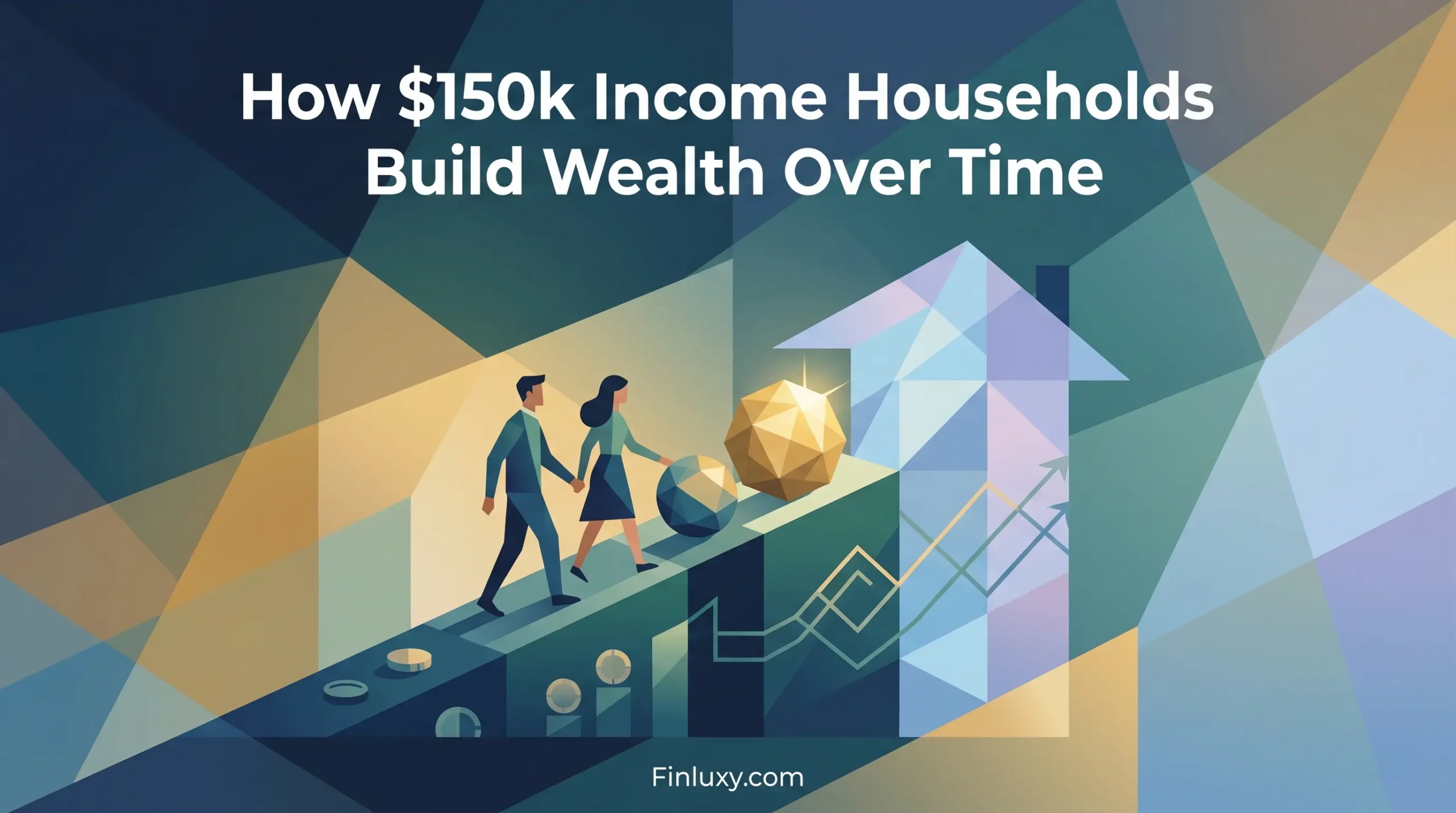 Geometric illustration of a couple walking upward on a rising financial path toward a golden sphere, with the text "How $150k Income Households Build Wealth Over Time".