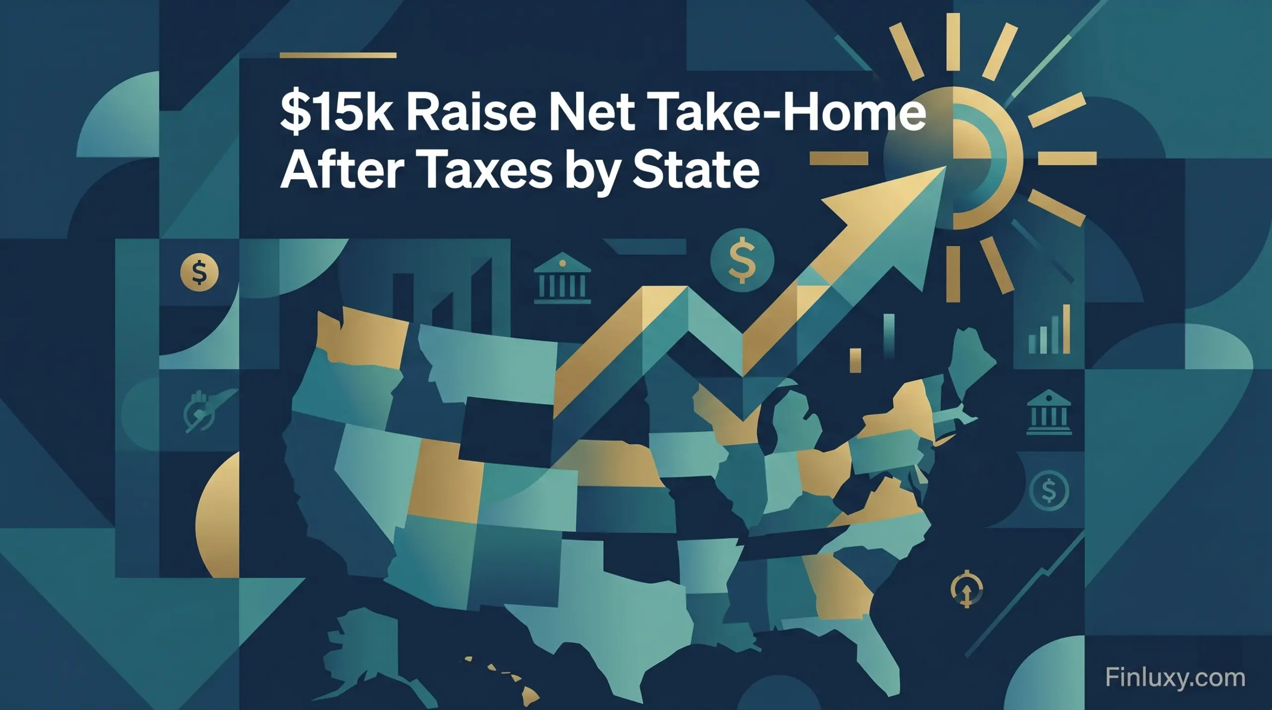 Geometric vector map of the United States in teal and gold, featuring a rising arrow and article headline.