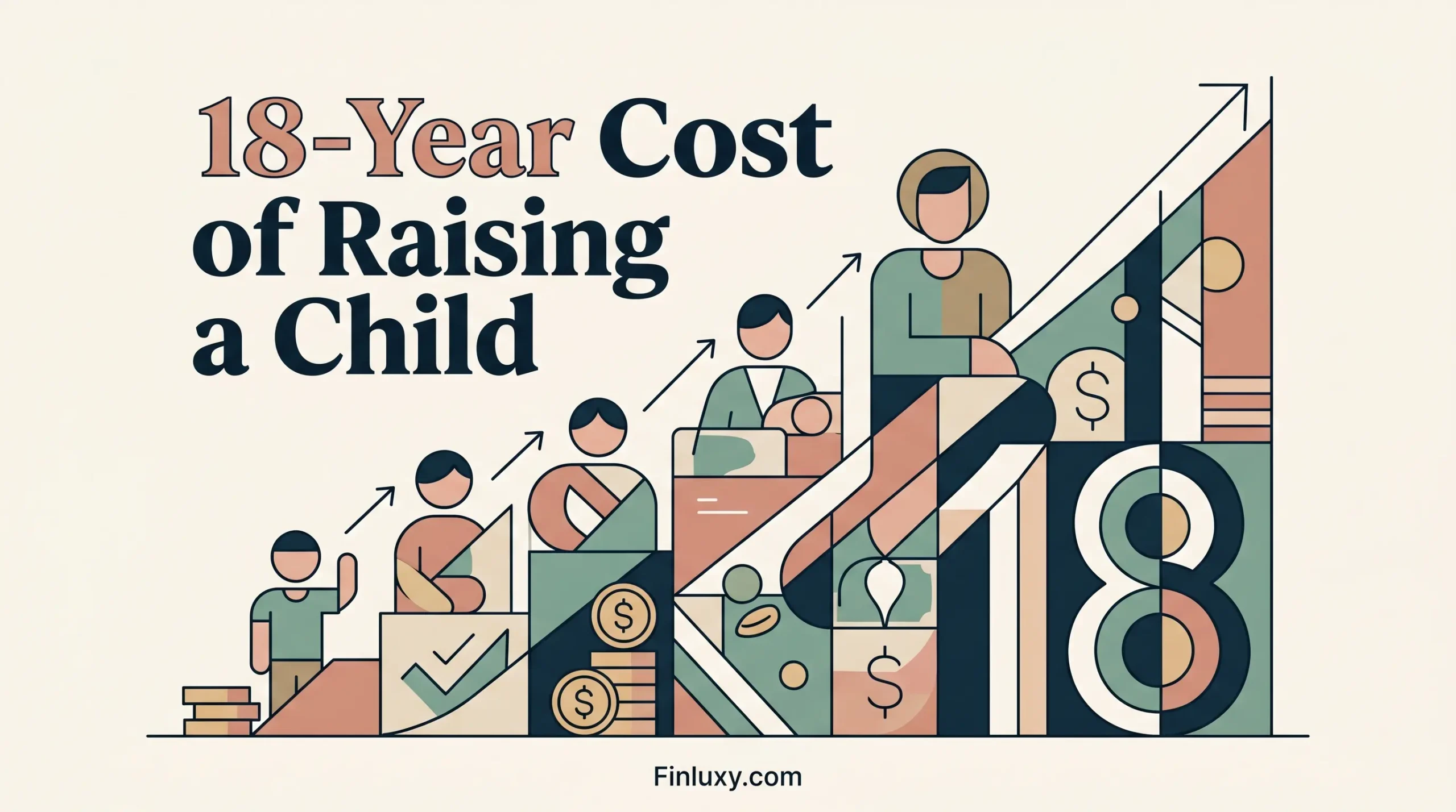 Geometric vector illustration for a finance blog showing the rising costs of raising a child over 18 years.