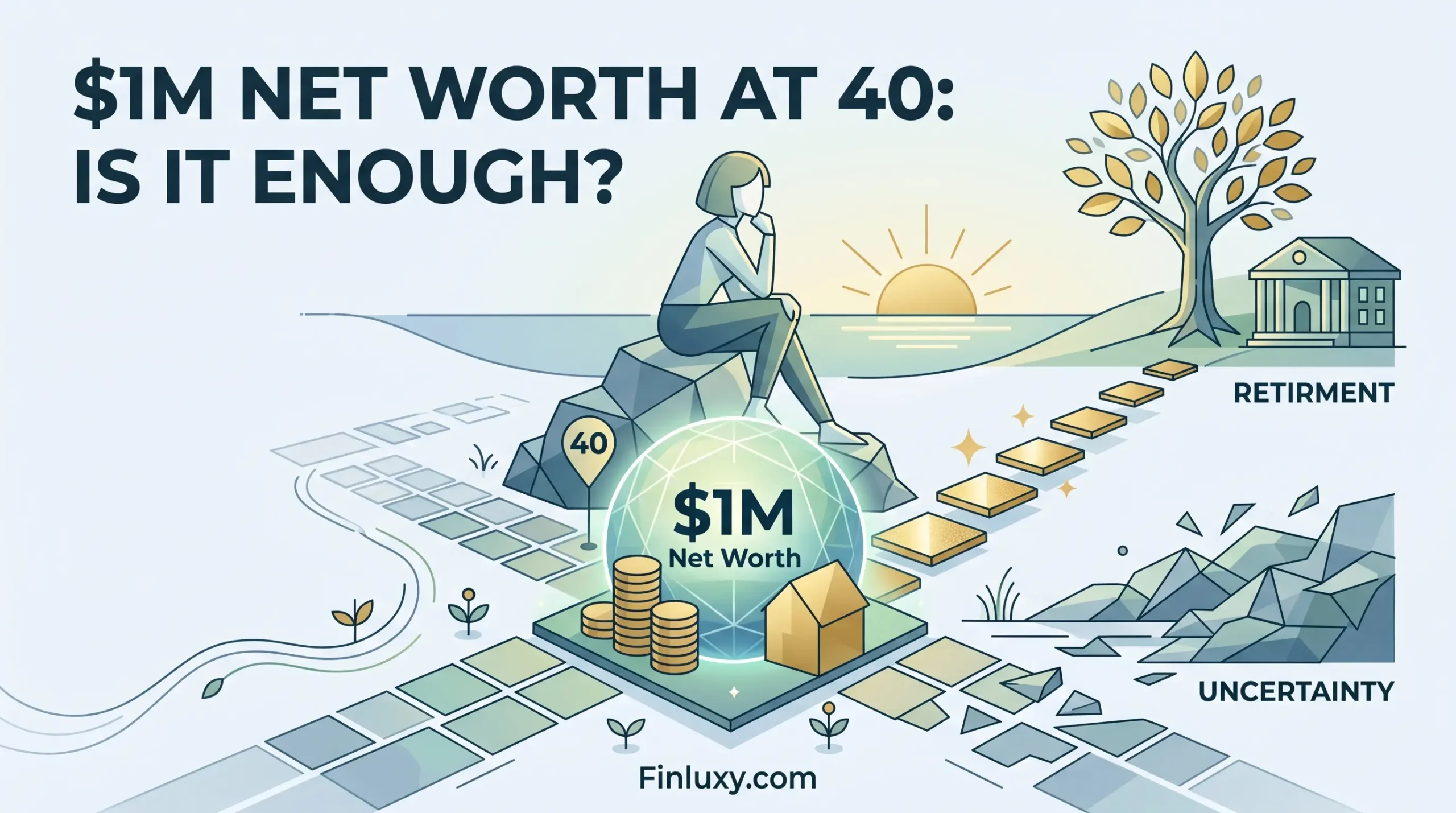 Geometric vector illustration of a person contemplating pathways toward retirement, featuring the headline "$1M Net Worth at 40: Is It Enough?"