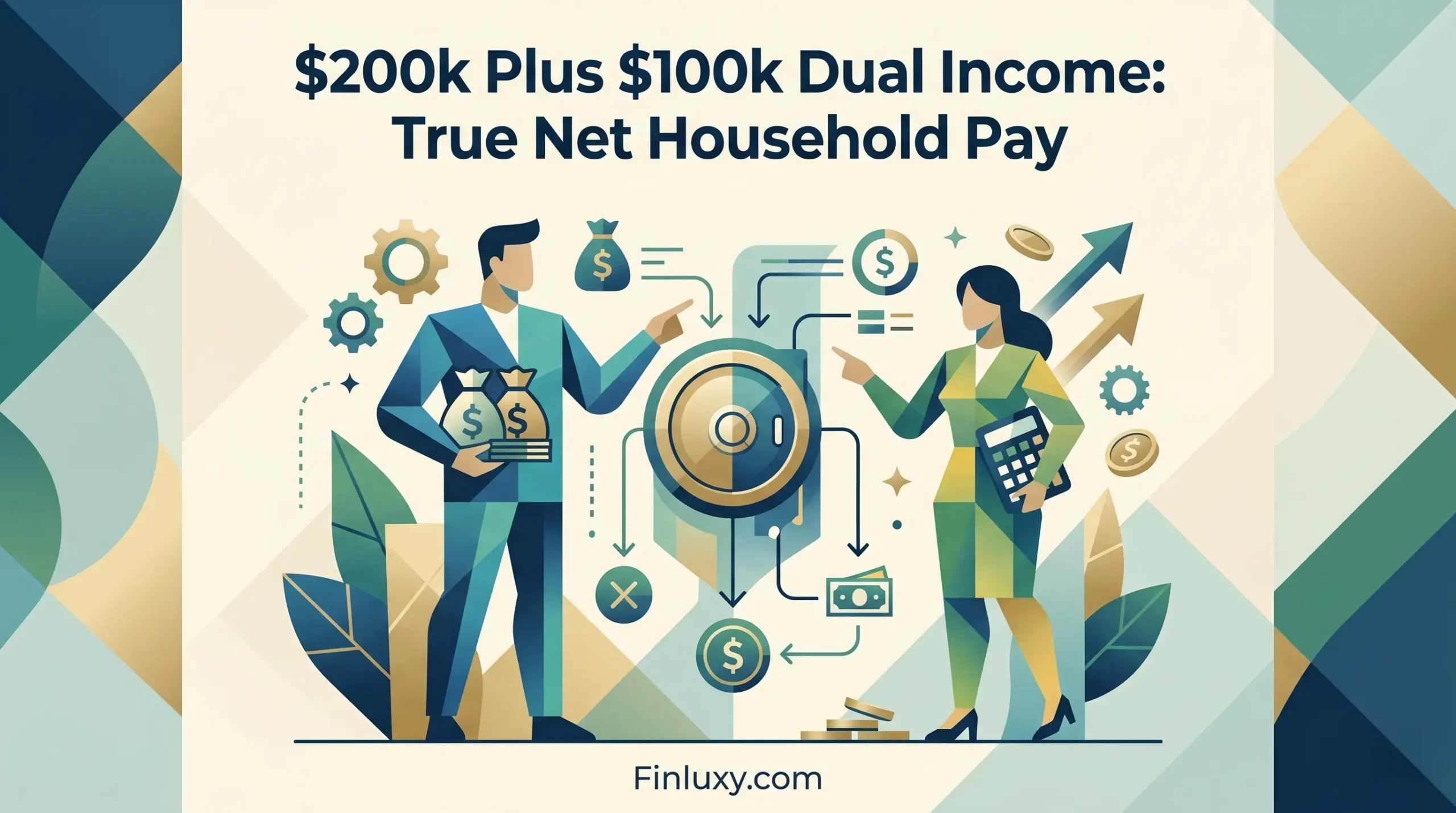 Geometric vector illustration of a couple managing dual incomes, featuring the headline "$200k Plus $100k Dual Income: True Net Household Pay" and Finluxy.com.