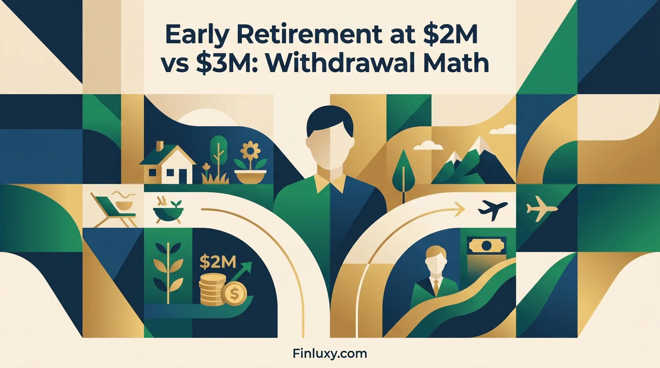 Geometric illustration contrasting retirement paths, featuring article headline "Early Retirement at $2M vs $3M" and "Finluxy.com" at the bottom.