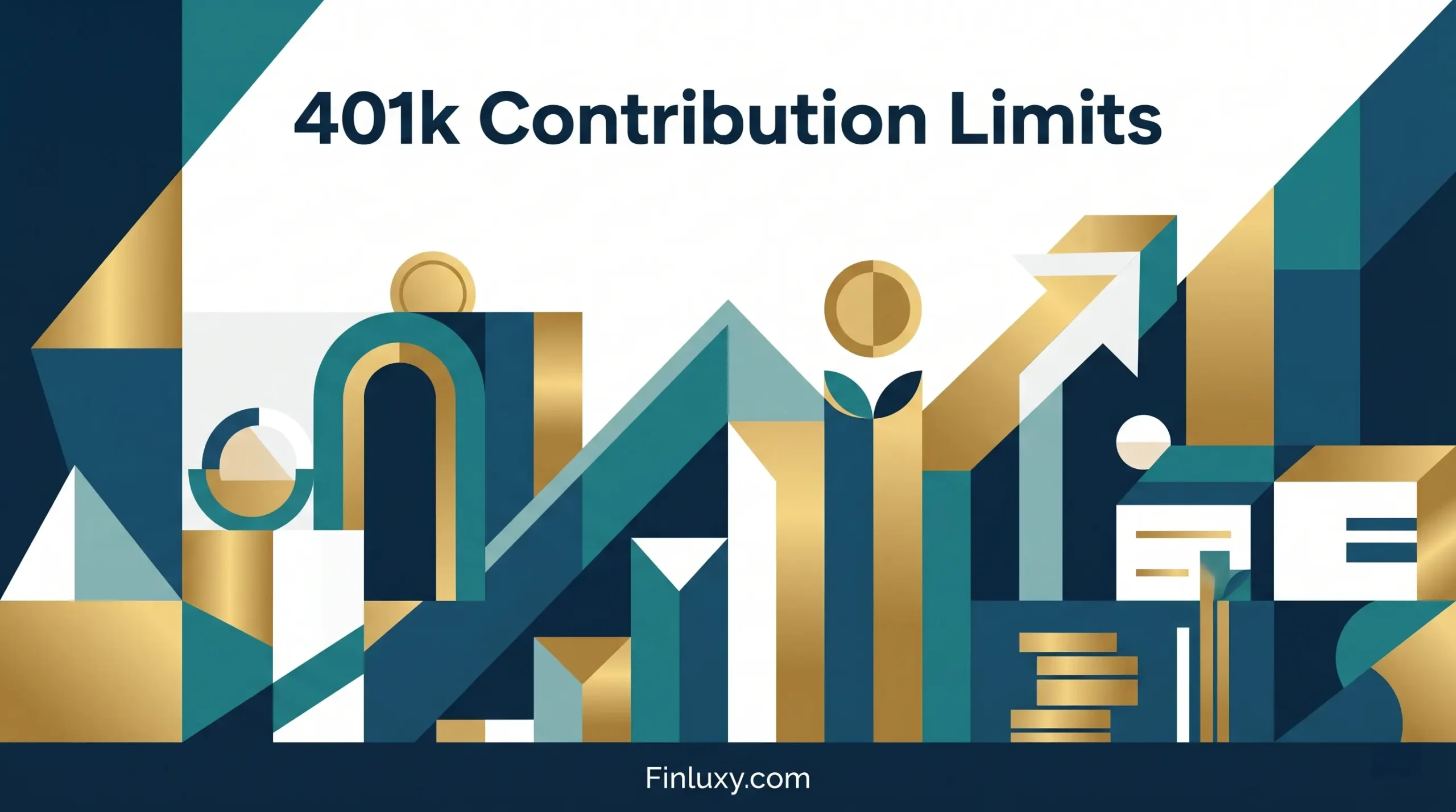Geometric vector illustration for Finluxy article titled '401k Contribution Limits', featuring abstract growing pillars in blue and gold.