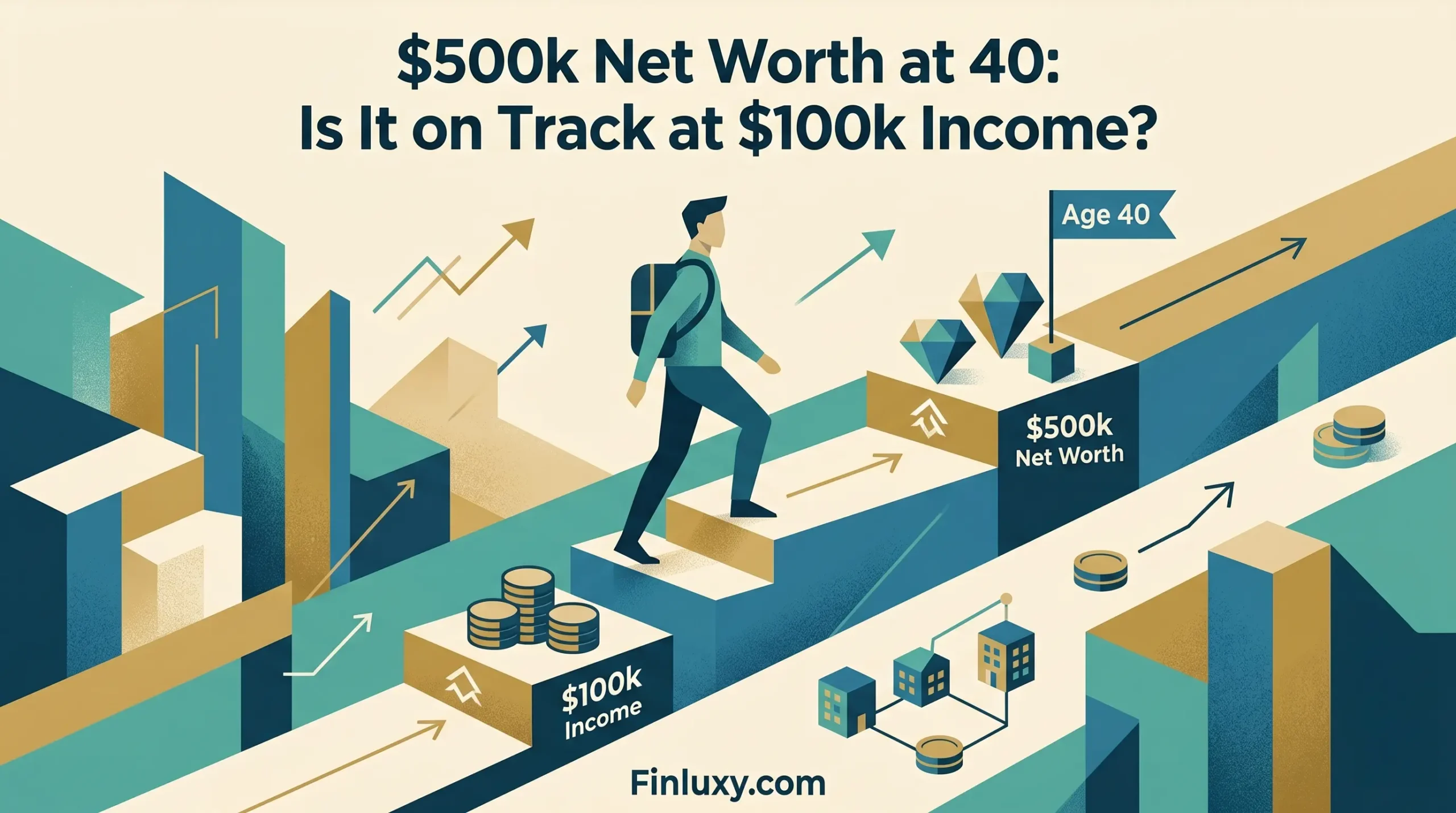 Minimal geometric illustration of ascending steps symbolizing wealth building, featuring the article headline about a $500k net worth.