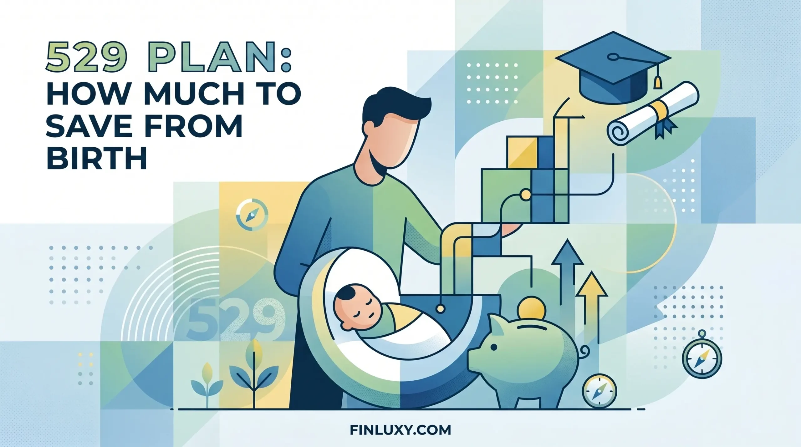 Geometric illustration of a parent next to a sleeping baby, with a piggy bank and graduation cap symbols.