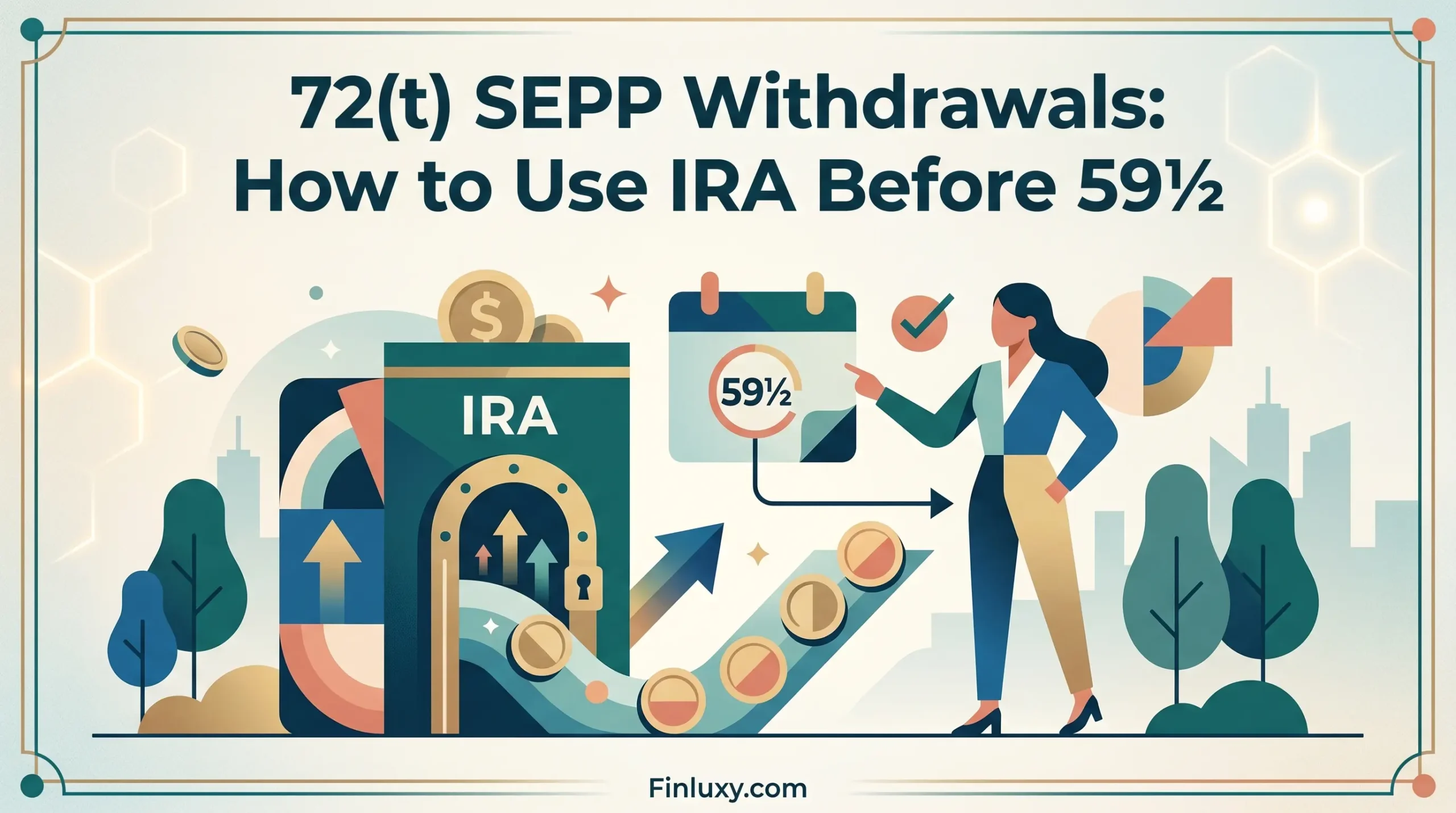 Geometric vector illustration of a person managing retirement funds, titled "72(t) SEPP Withdrawals: How to Use IRA Before 59½".
