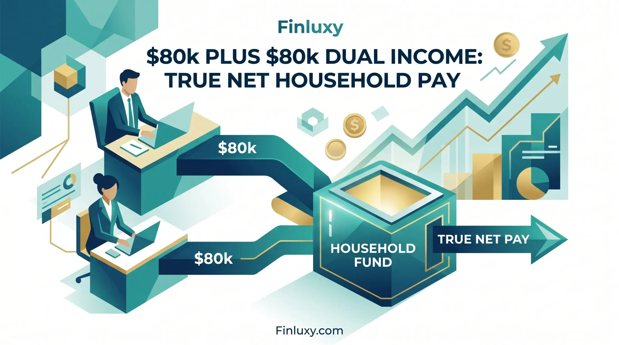 Abstract geometric illustration showing two separate income streams merging into one net household total, branded with Finluxy.com.