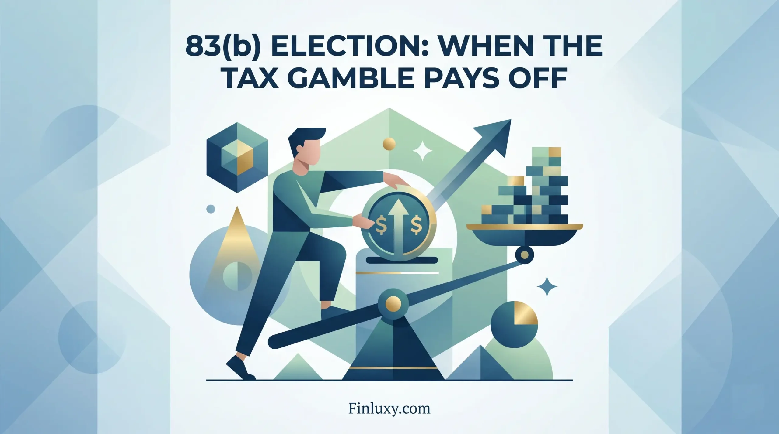 Geometric illustration of a man inserting a large coin into a slot, symbolizing a calculated 83(b) tax election.