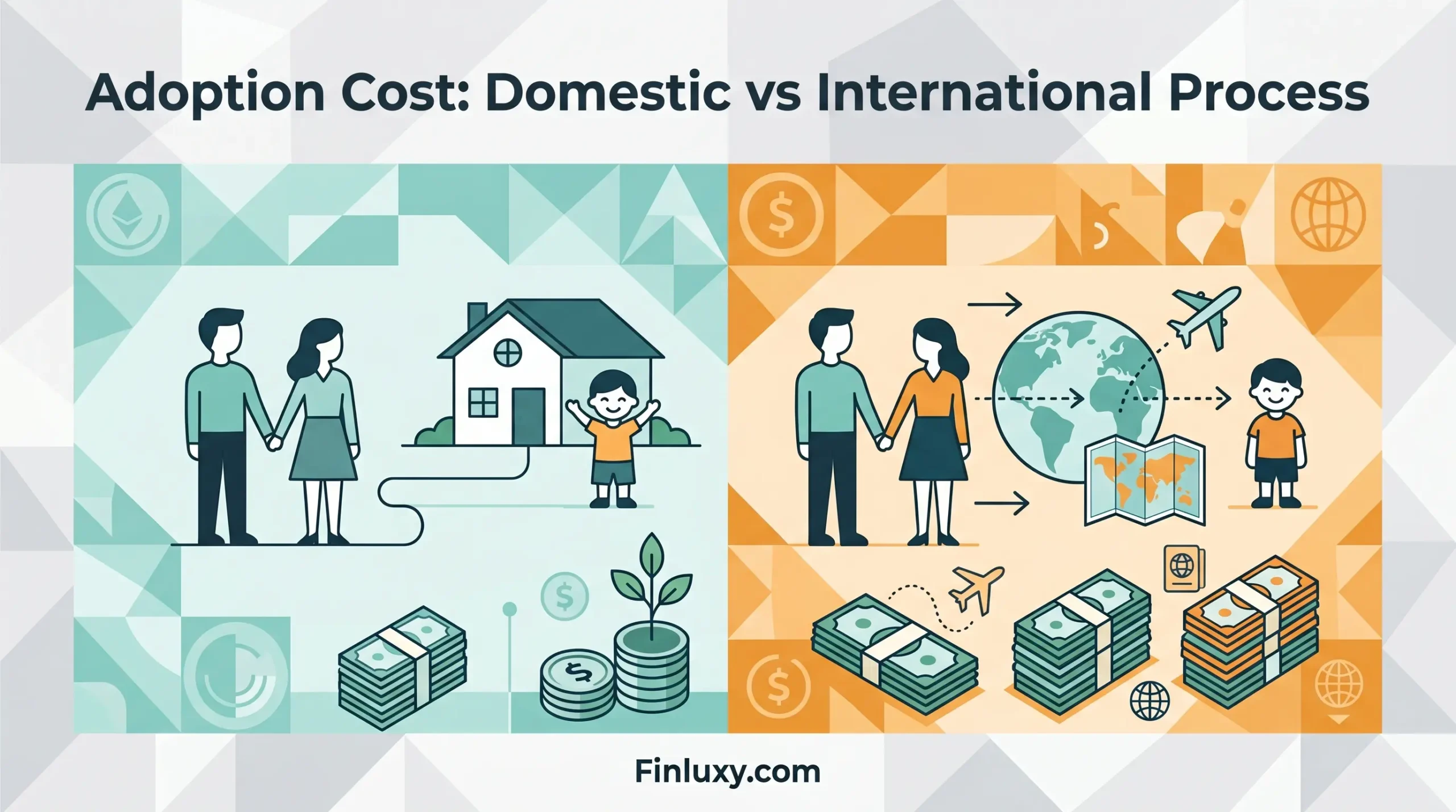Geometric vector illustration comparing a couple adopting a child domestically in teal versus internationally with a globe and higher money stacks in orange. Finluxy.com logo at the bottom.