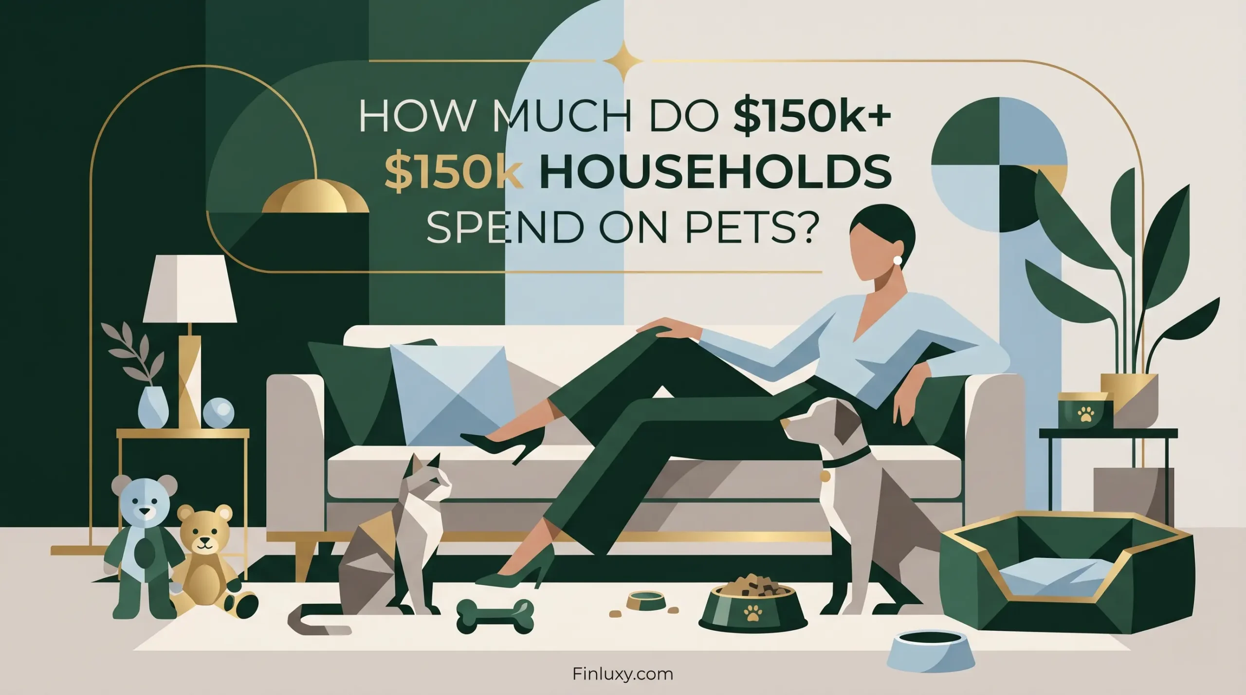 Geometric vector illustration of a person on a sofa surrounded by a pet cat and dog, with premium gold and green accents.