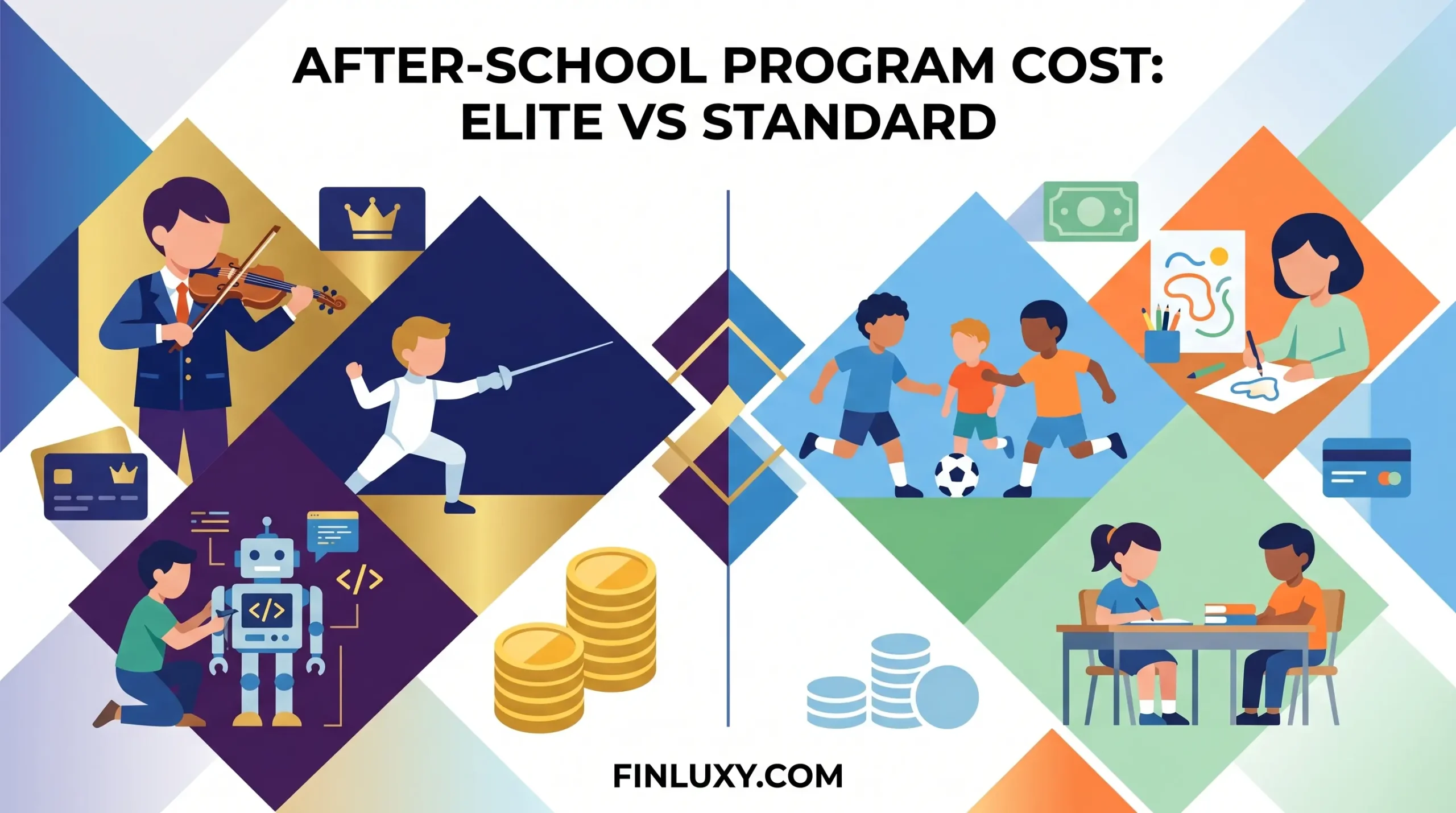 An illustration comparing elite after-school activities like fencing and robotics with standard options like soccer and art, highlighting cost differences.