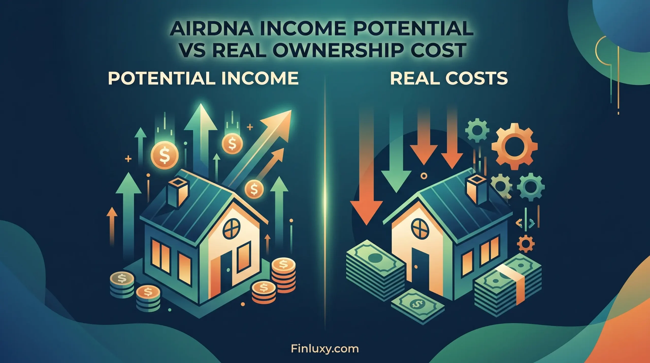 A split geometric illustration contrasting potential property income with real ownership costs and expenses.
