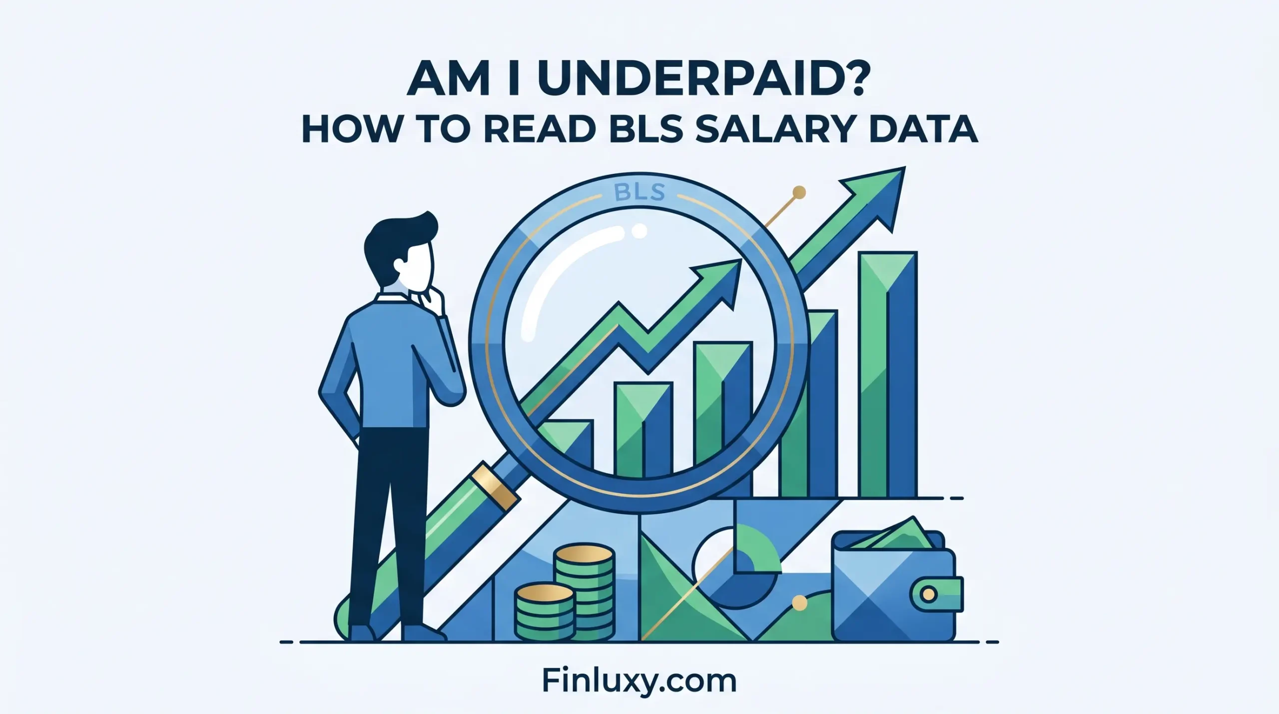 Geometric illustration of a figure examining rising salary bar charts with a magnifying glass for Finluxy.com.