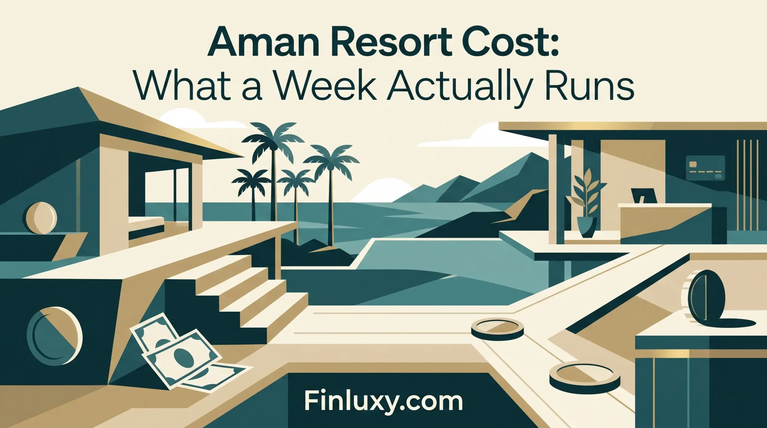 Geometric vector illustration of a premium luxury resort overlooking the ocean, featuring the headline "Aman Resort Cost: What a Week Actually Runs."