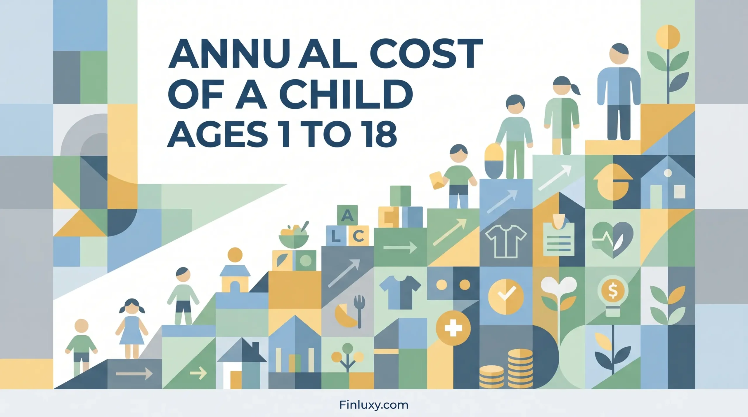Geometric vector illustration showing a timeline of rising child-rearing costs from ages 1 to 18.