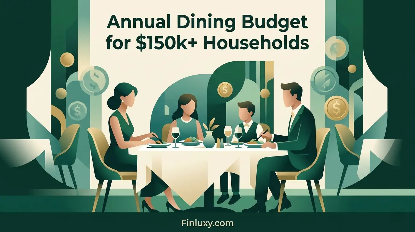A vector illustration in shades of teal shows a well-dressed family of four enjoying a restaurant meal, with the article title "Annual Dining Budget for $150k+ Households" and the website URL "Finluxy.com" below.