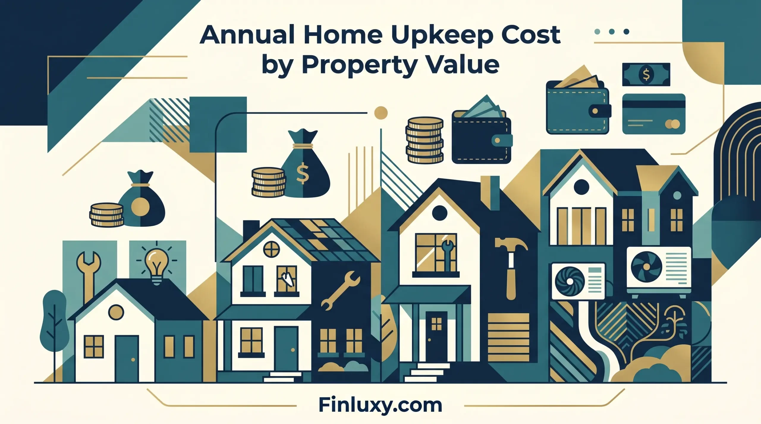 Modern geometric illustration of houses in varying sizes alongside subtle coin and maintenance icons.