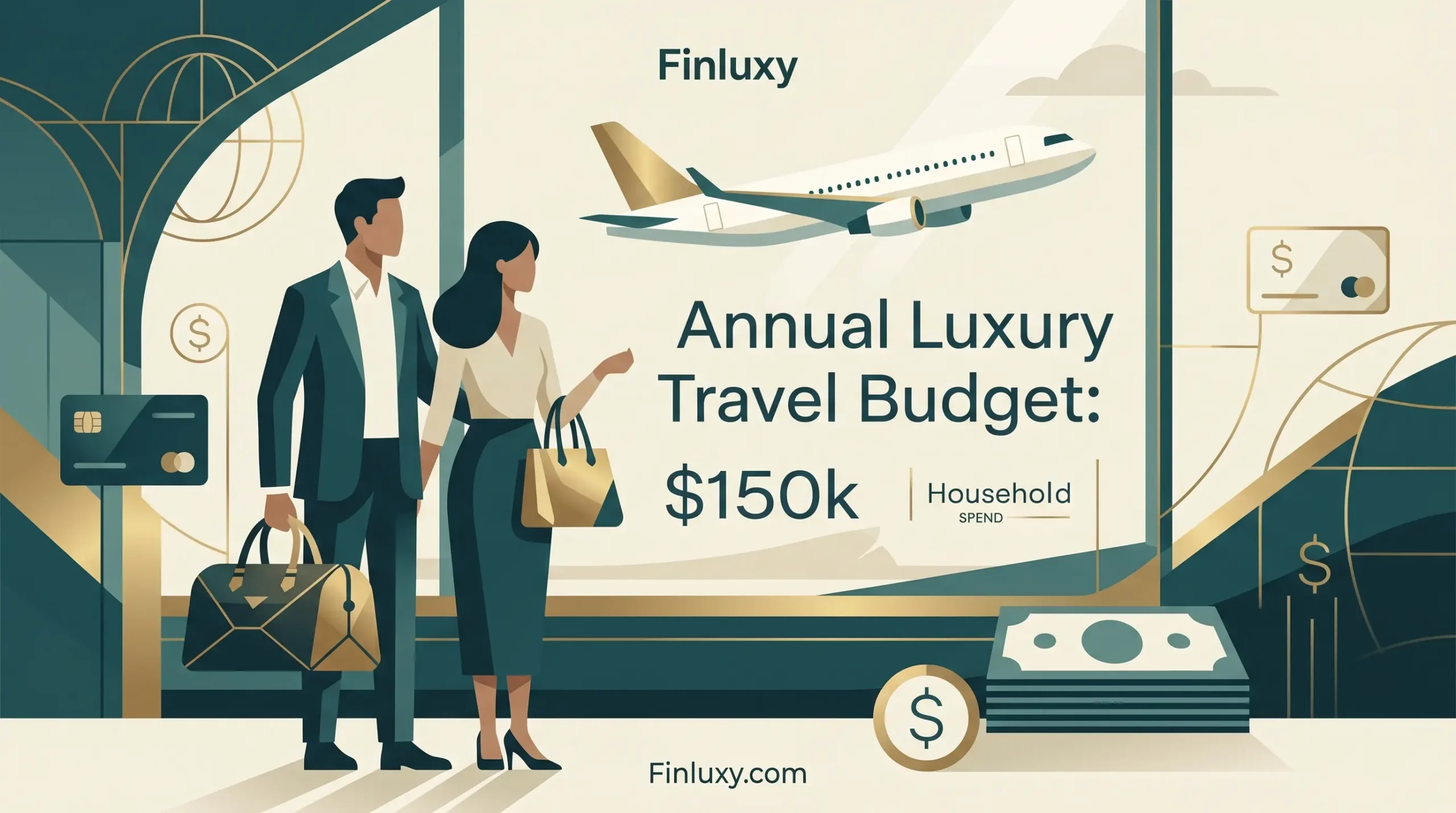 Geometric vector illustration of a stylish couple at an airport terminal with a plane, text headline, and Finluxy.com logo.