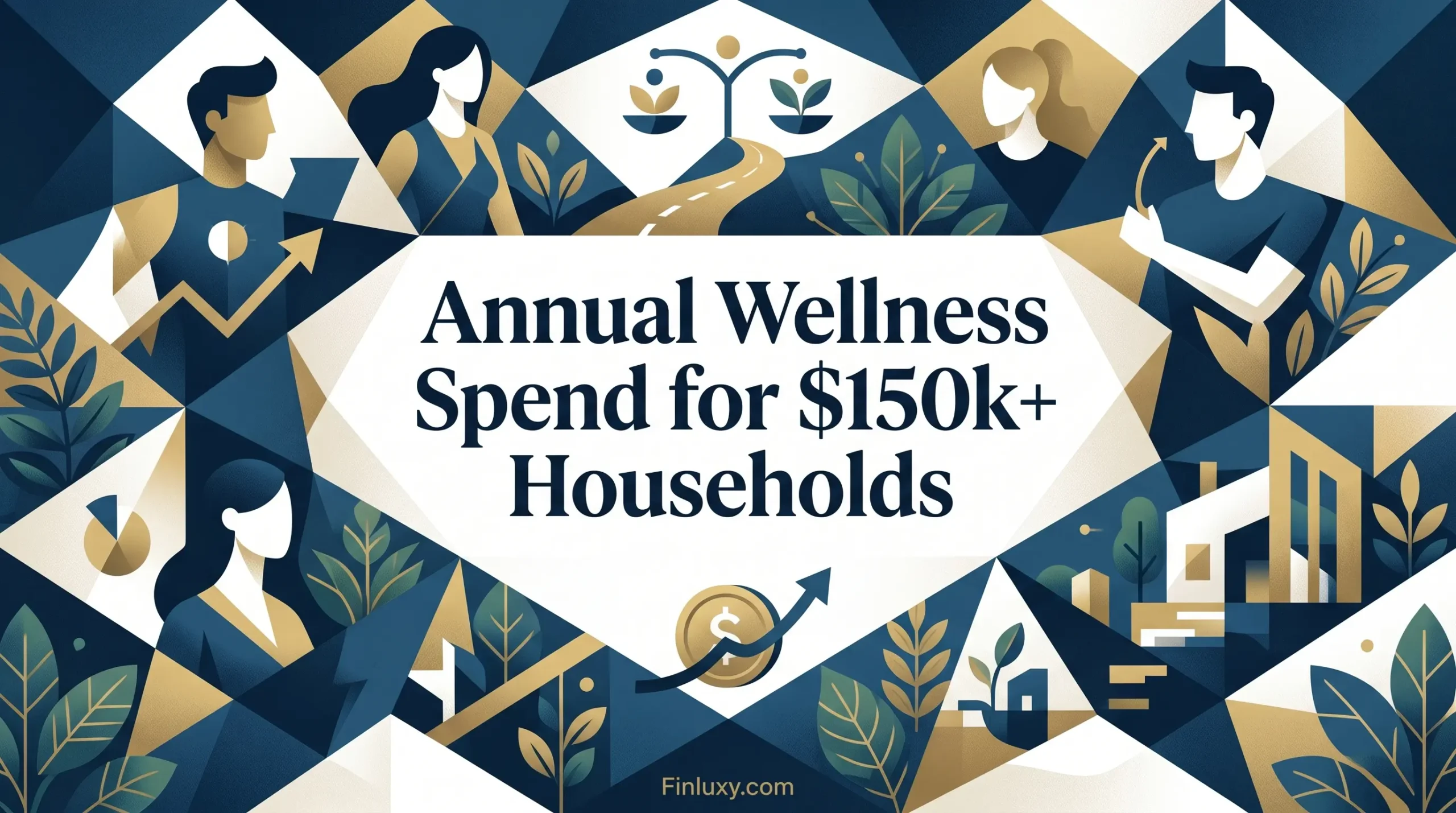 Geometric vector illustration in navy and gold featuring the headline "Annual Wellness Spend for $150k+ Households" with Finluxy.com at the bottom.