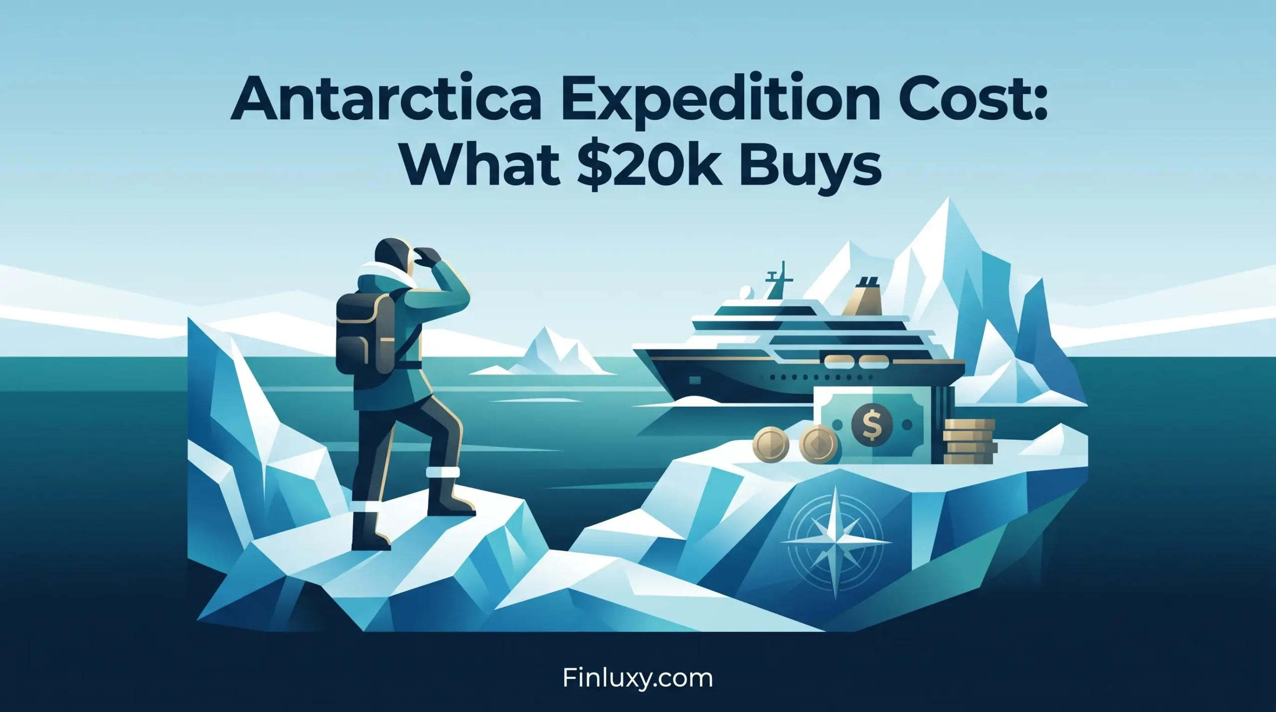 Geometric vector illustration of an explorer looking at a cruise ship in Antarctica, with subtle money elements and article headline.