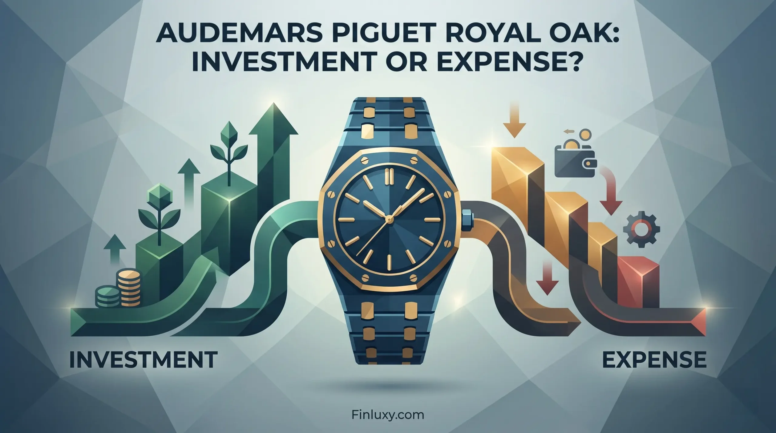 A modern geometric vector illustration comparing a stylized Audemars Piguet watch to Investment and Expense paths, with the article title above.