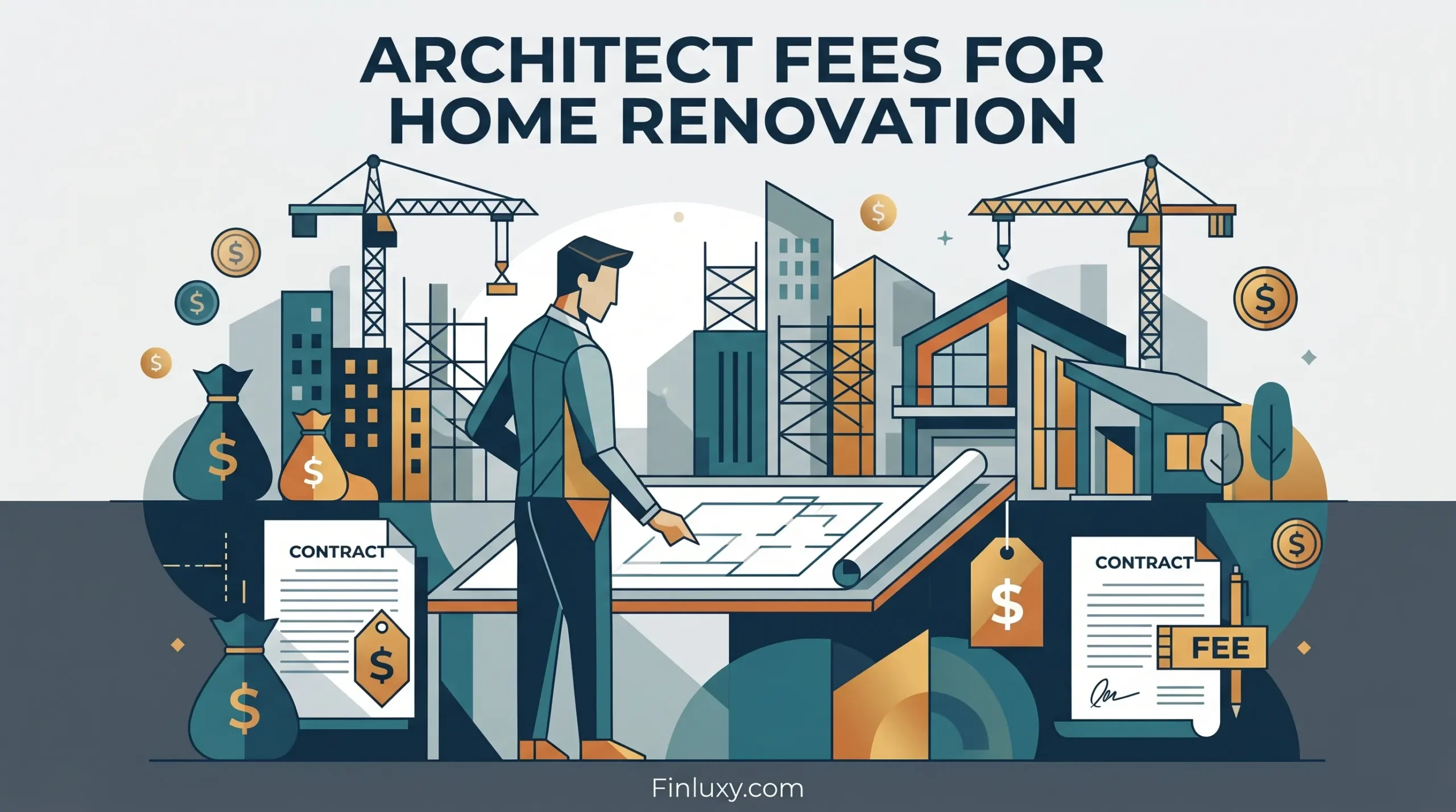 A stylized vector illustration of an architect planning a renovation project amidst constructions and bags of money.