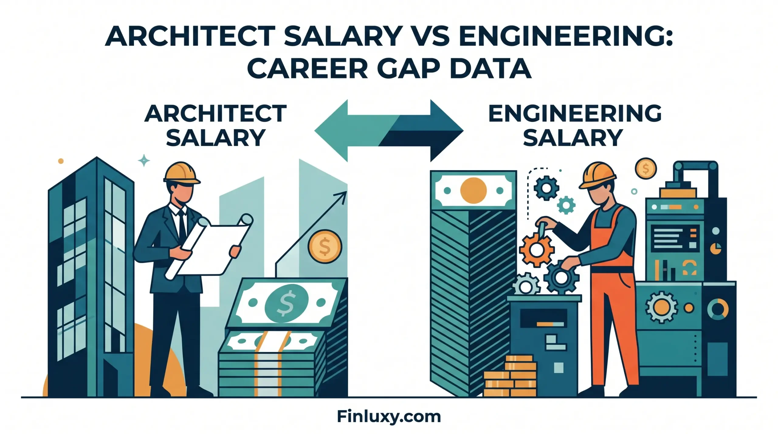 Geometric vector illustration comparing architect and engineering professions with stylized figures, blueprints, gears, and money stacks, referencing Finluxy.com.