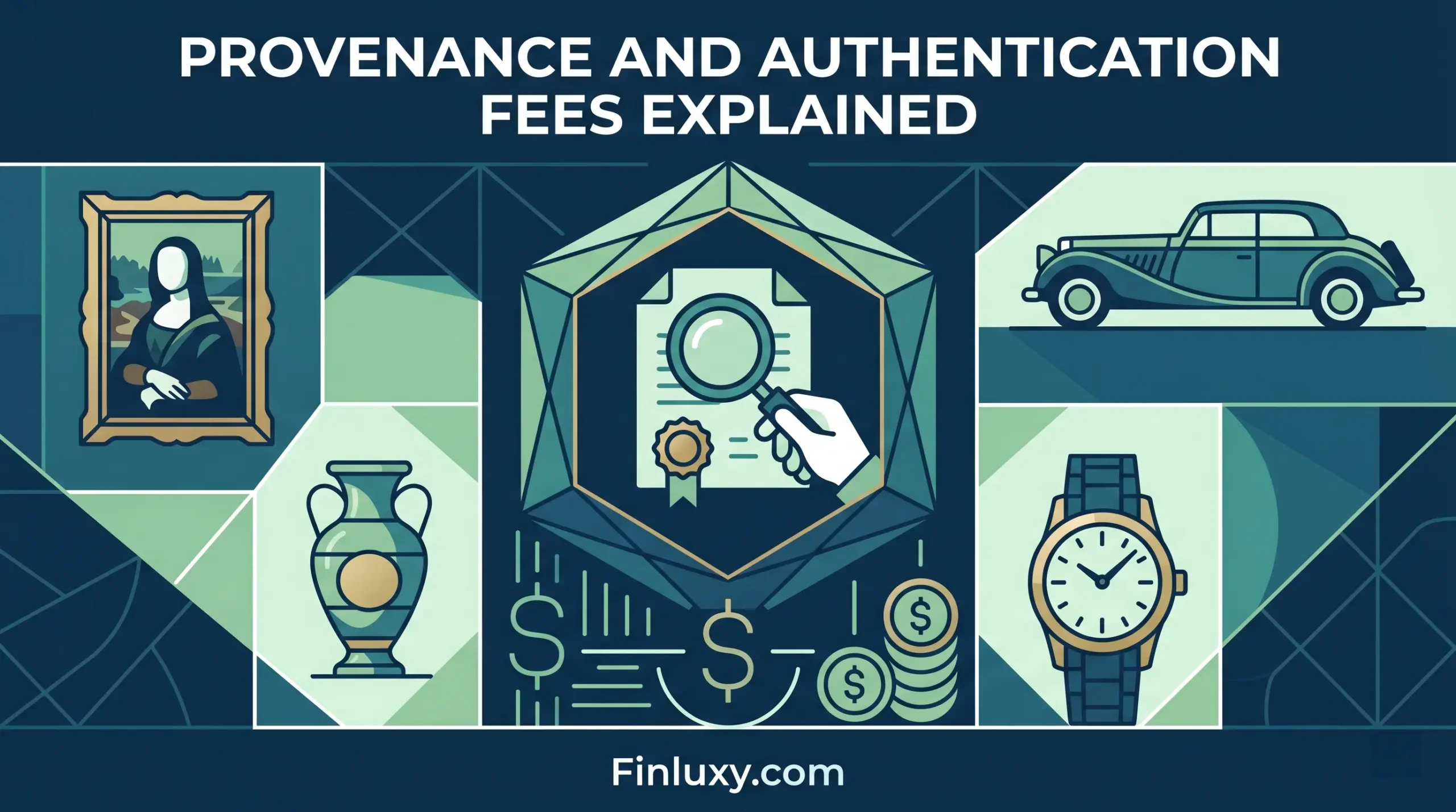 Geometric vector illustration of assets like art, a classic car, a vase, and a watch with authentication tools.