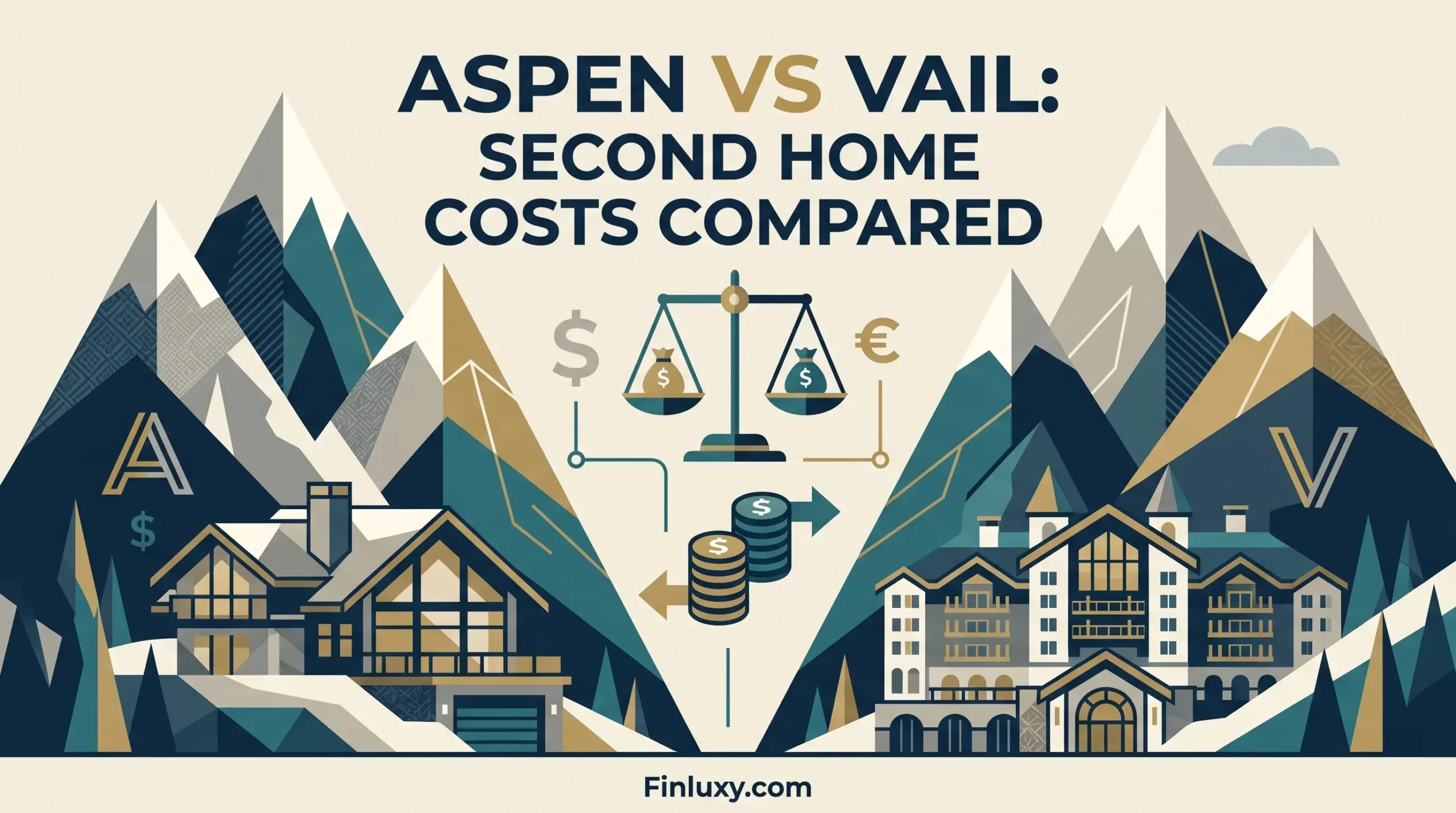 A modern geometric illustration comparing real estate costs in Aspen and Vail, featuring mountain peaks, luxury homes, and a financial scale.