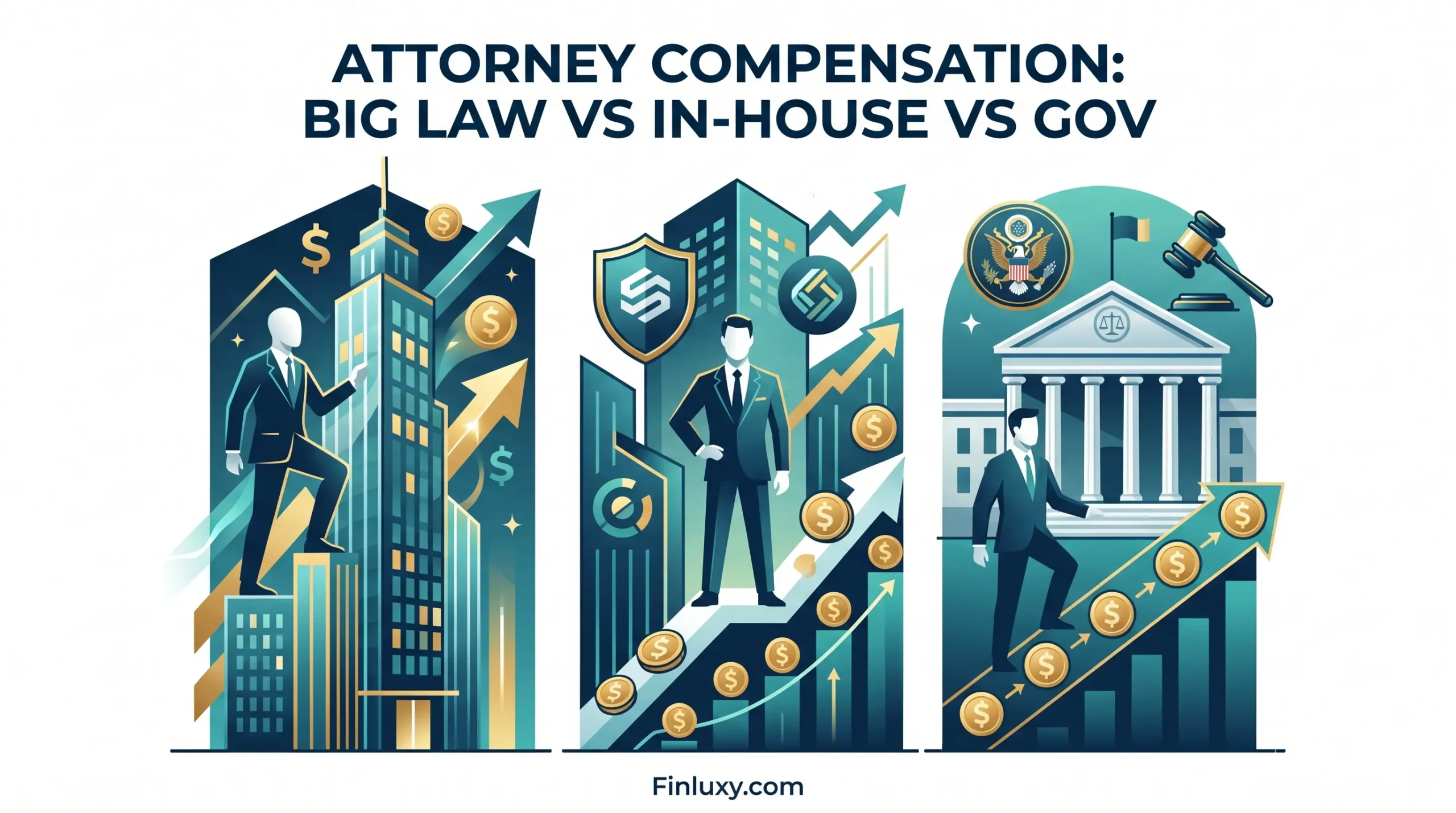 Geometric vector illustration comparing attorney compensation structures in Big Law, In-House, and Government sectors, each with distinct visual metaphors.