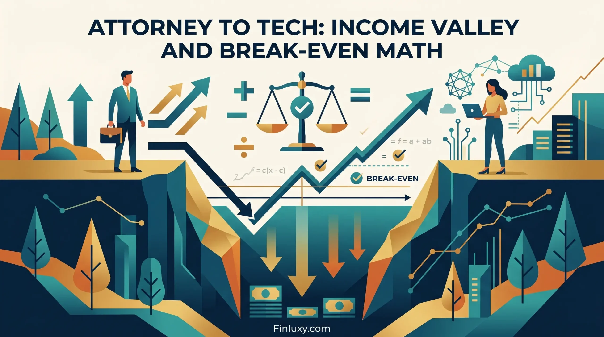 An illustration showing a man leaving a high ledge for a deep canyon, representing a career transition and financial valley.