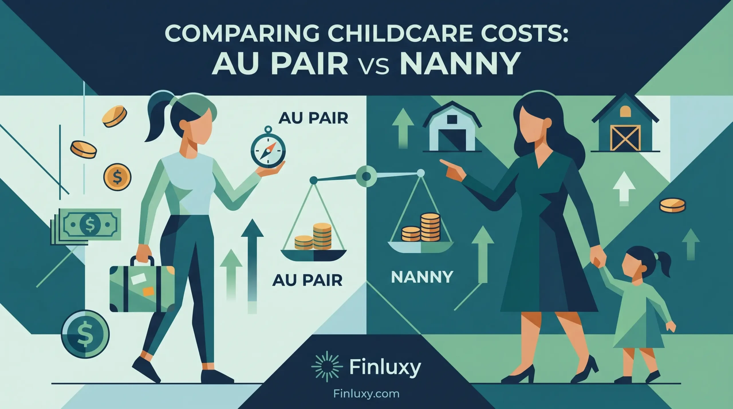 Geometric illustration comparing an au pair and a nanny on a balancing scale to represent childcare costs.