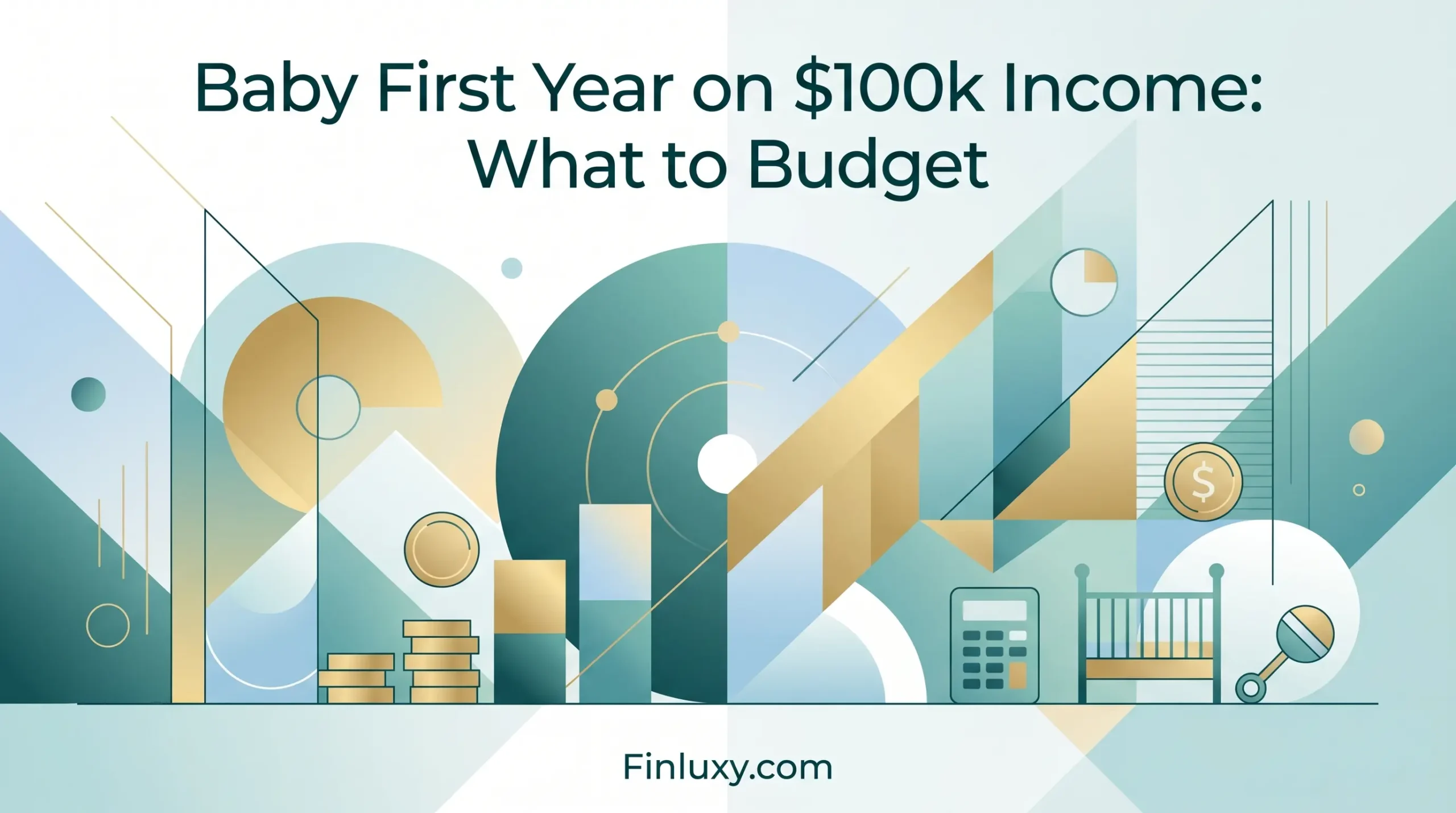 Geometric vector illustration in teal and gold featuring a crib, calculator, and coins, with the headline "Baby First Year on $100k Income: What to Budget."