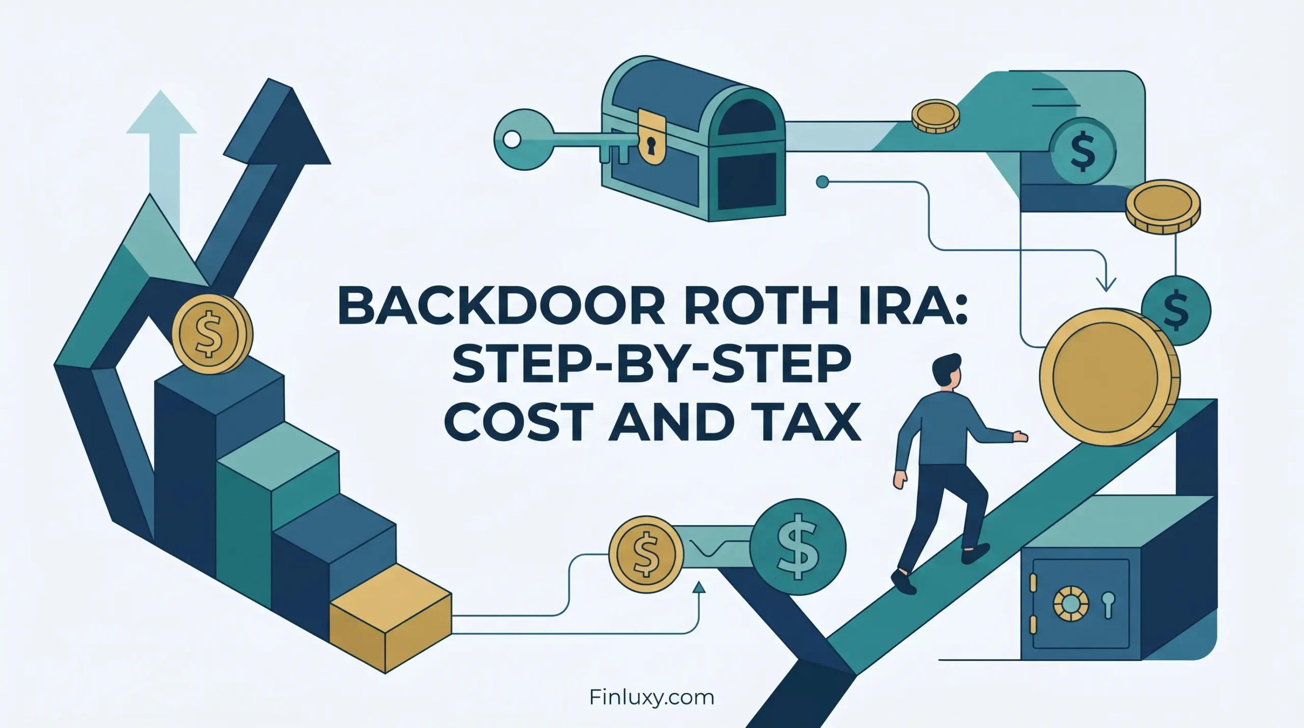 Geometric vector illustration for Finluxy featuring a person climbing steps next to coins and a vault, with article title text.