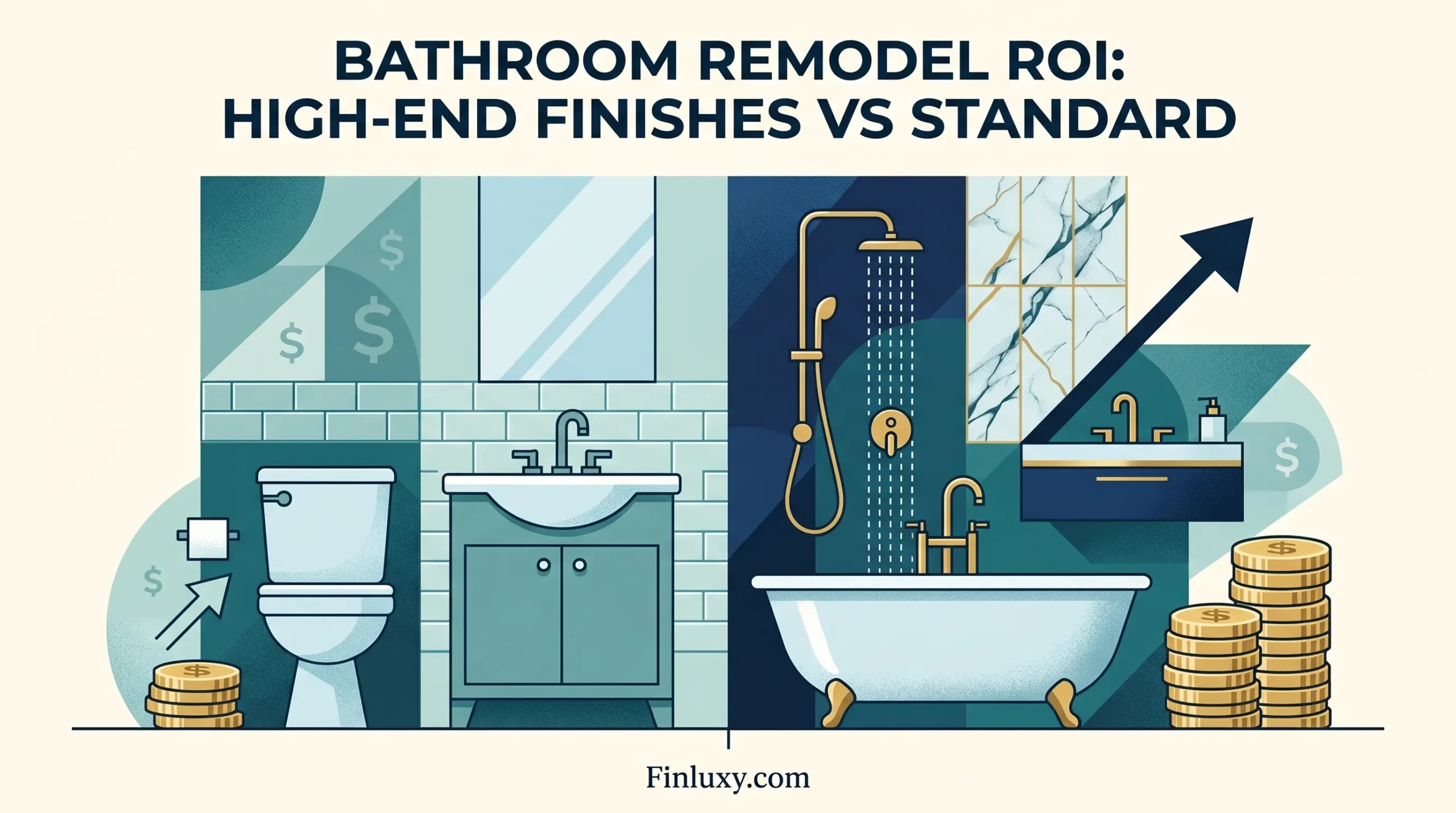 Geometric illustration comparing standard and high-end bathroom remodels with stacks of coins and growth arrows for ROI.