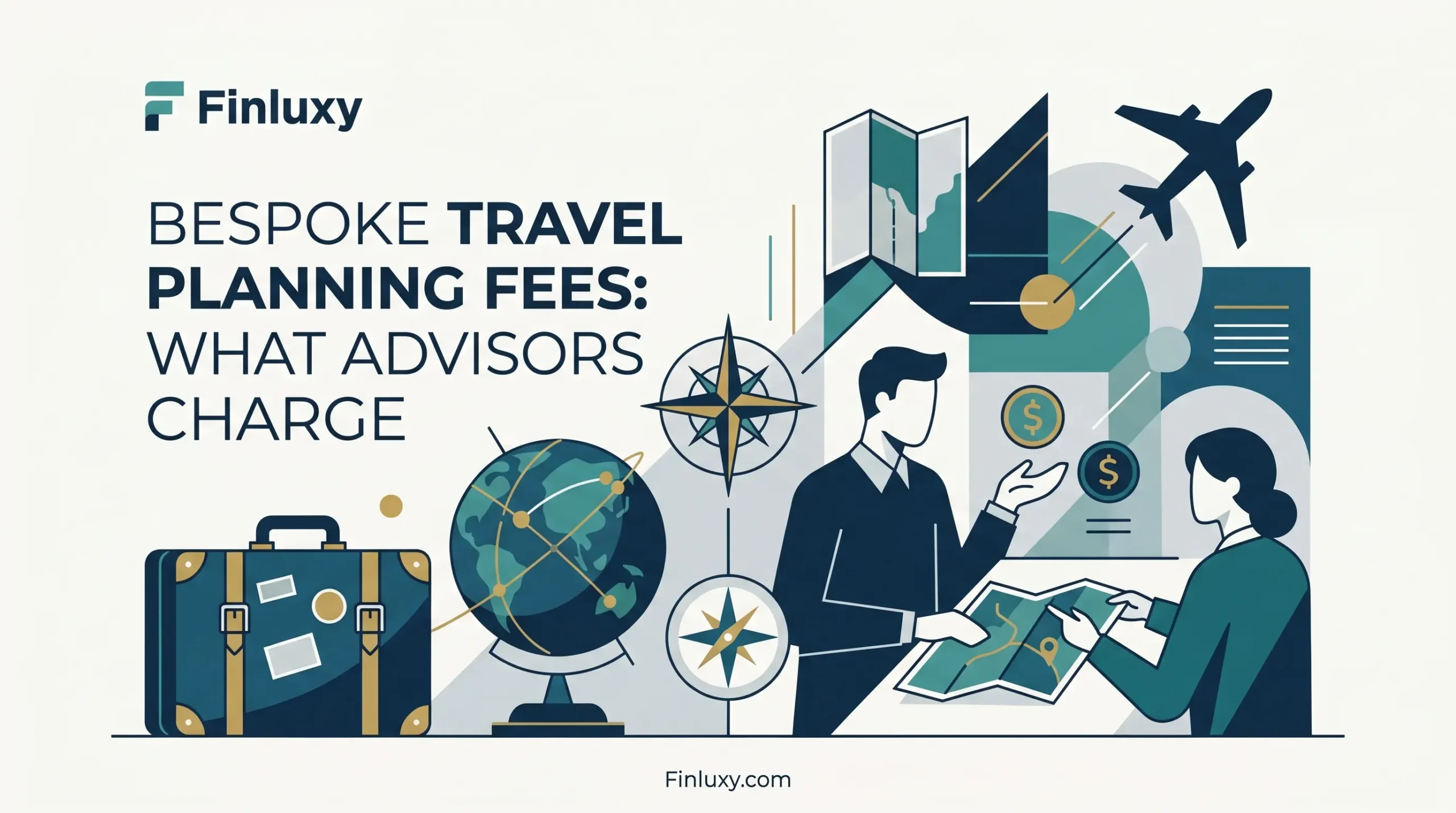 Geometric vector illustration of a travel advisor and client discussing trip planning, featuring a suitcase, globe, and compass icons.