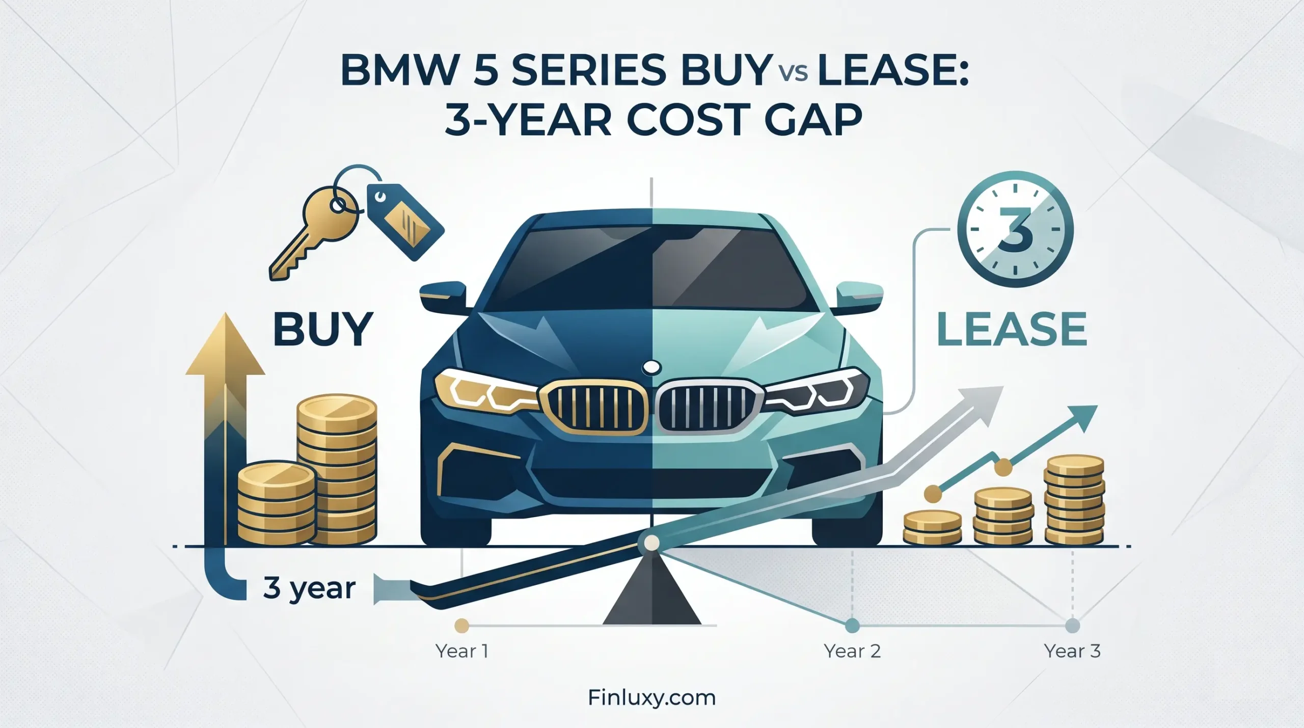 Geometric vector illustration comparing car buying and leasing costs for a BMW 5 Series, featuring the website Finluxy.com at the bottom.