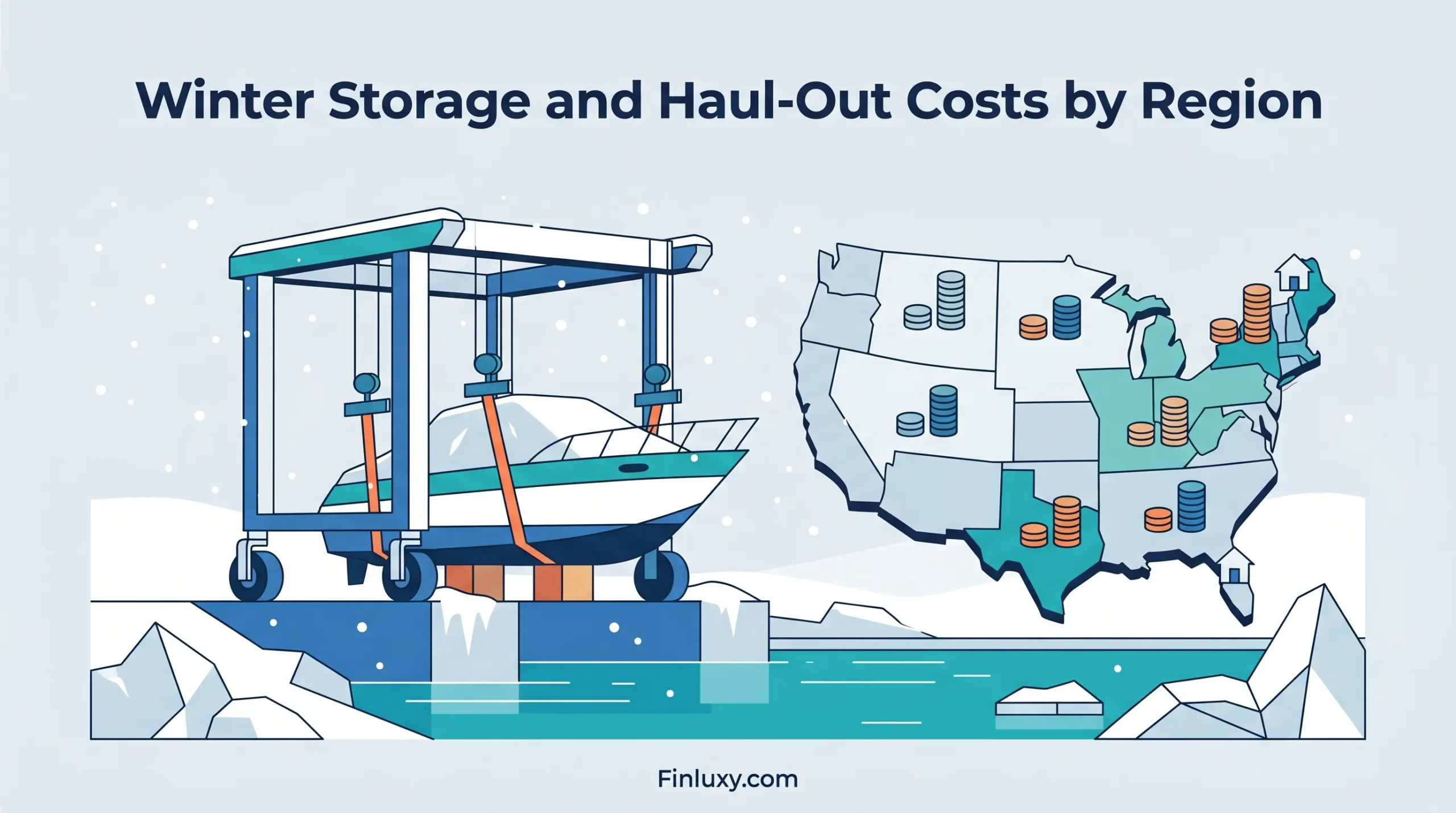 A geometric illustration shows a boat being lifted for winter storage next to a map of the United States with regional cost indicators.