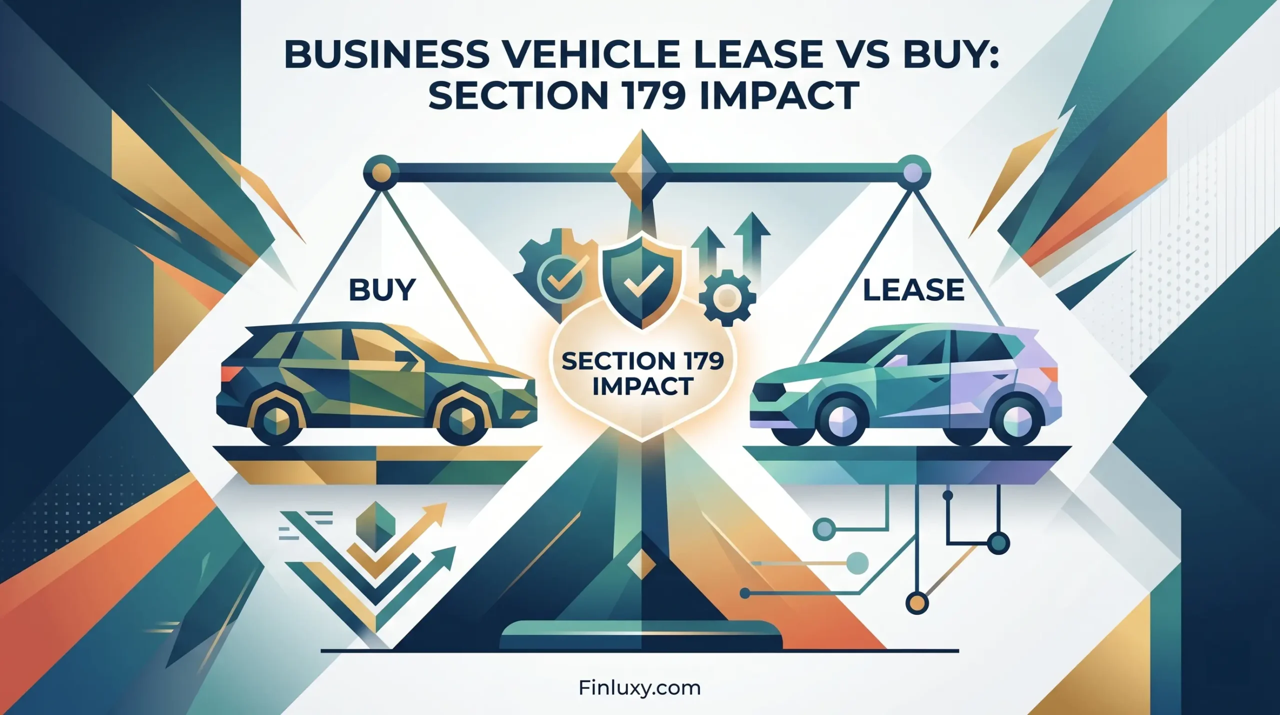 Geometric illustration comparing buying versus leasing business vehicles, with a central focus on the Section 179 tax impact.