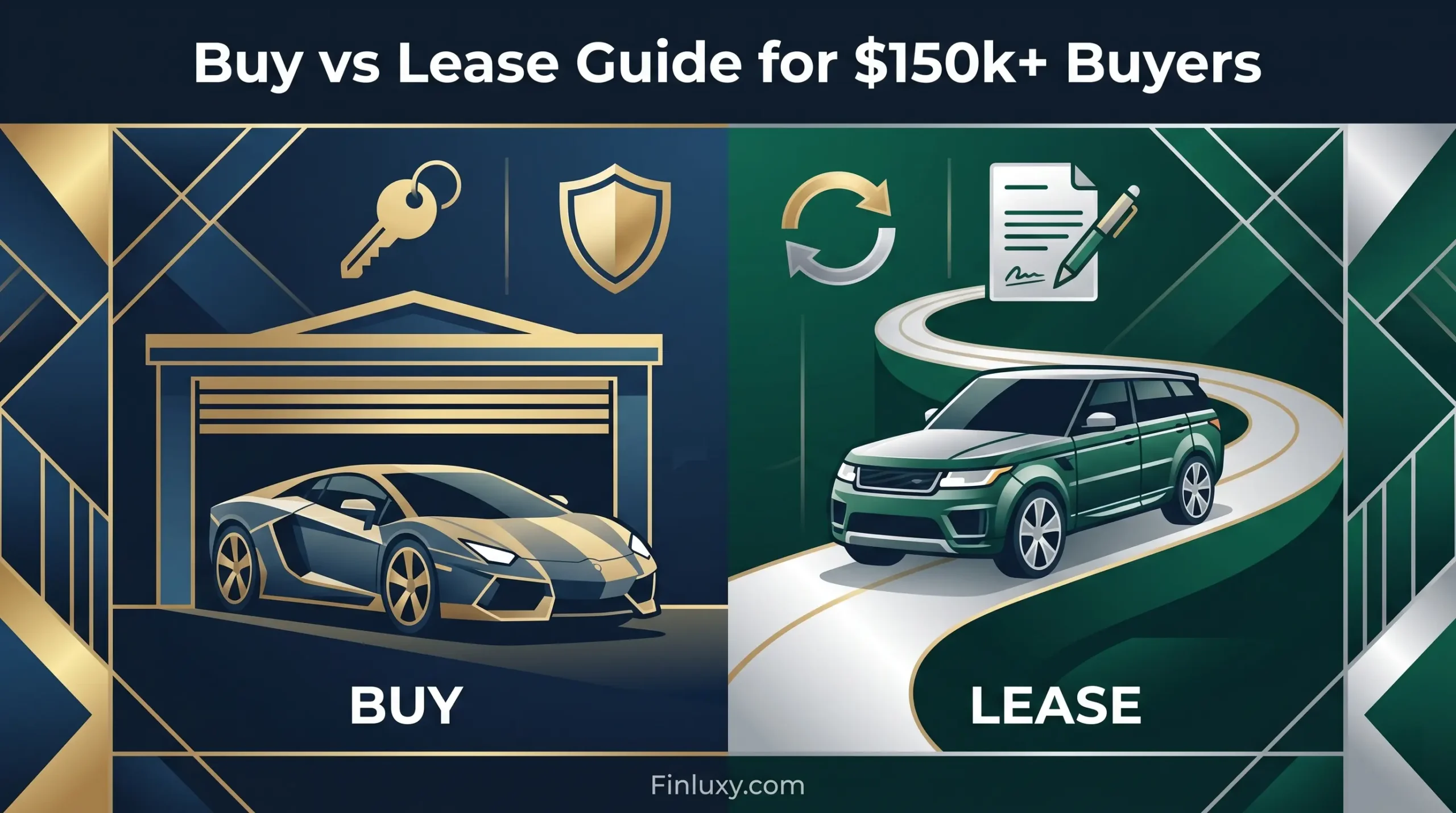 Geometric illustration comparing buying a luxury sports car in a garage versus leasing a premium SUV on a road.