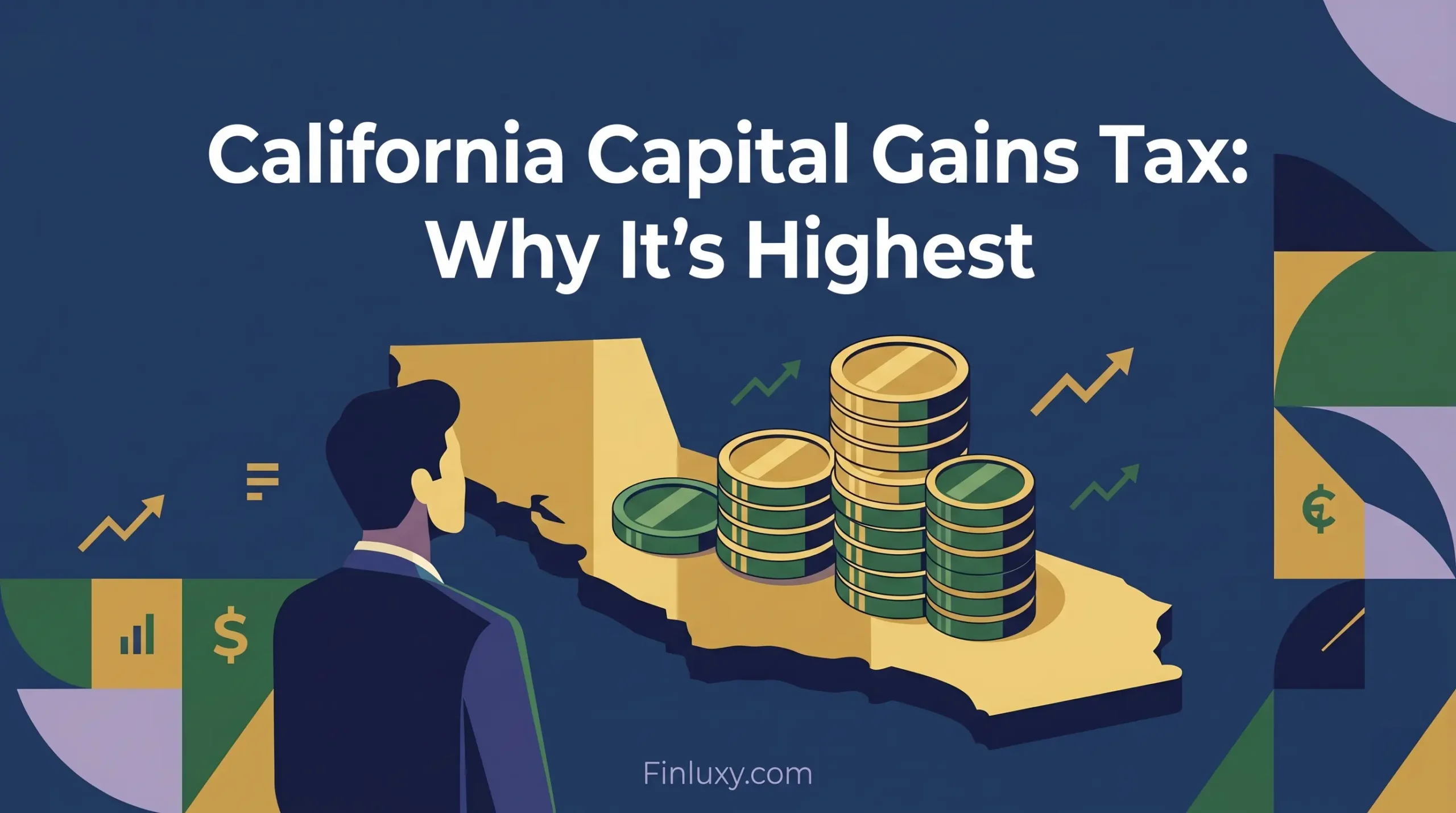 Minimalist vector illustration of a person looking at a California map with stacked coins and tax headline text.