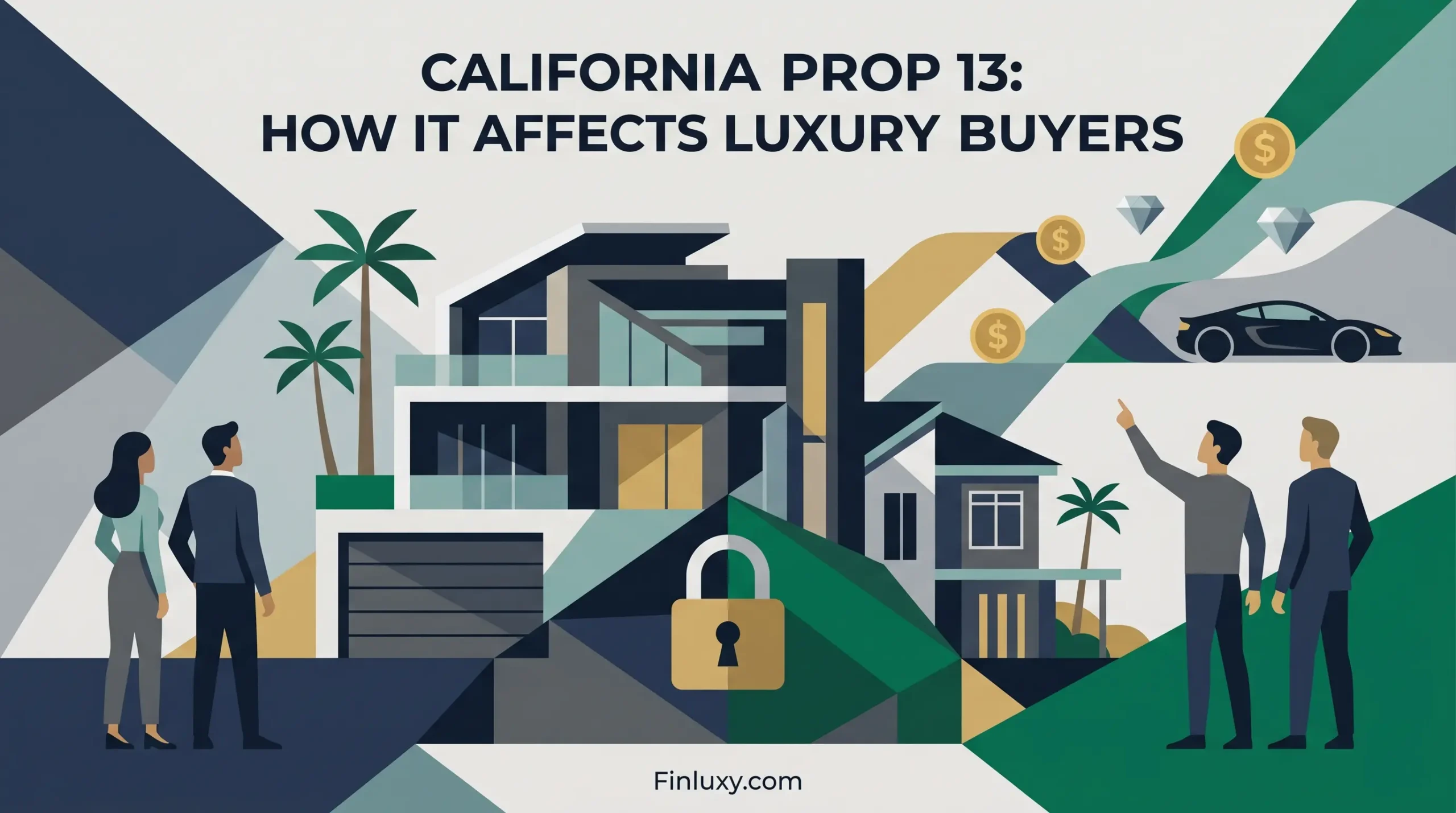 Geometric vector illustration showing a luxury California home and buyers with the headline 'California Prop 13'.
